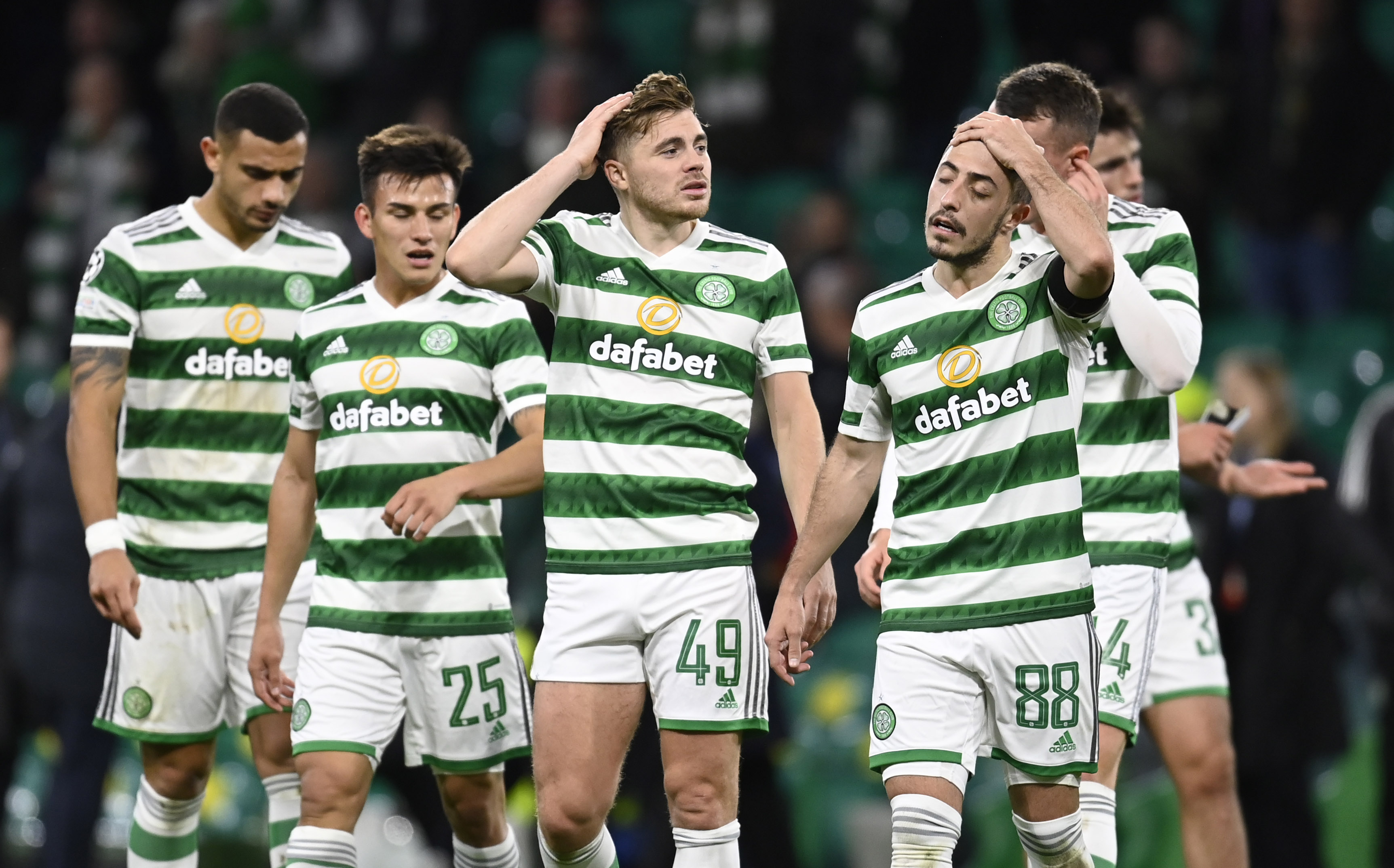 GLASGOW, SCOTLAND - OCTOBER 11: James Forrest and Josip Juranovic during a UEFA Champions League Group F match between Celtic and RB Leipzig at Celtic Park, on October 11, 2022, in Glasgow, Scotland.  (Photo by Rob Casey / SNS Group)