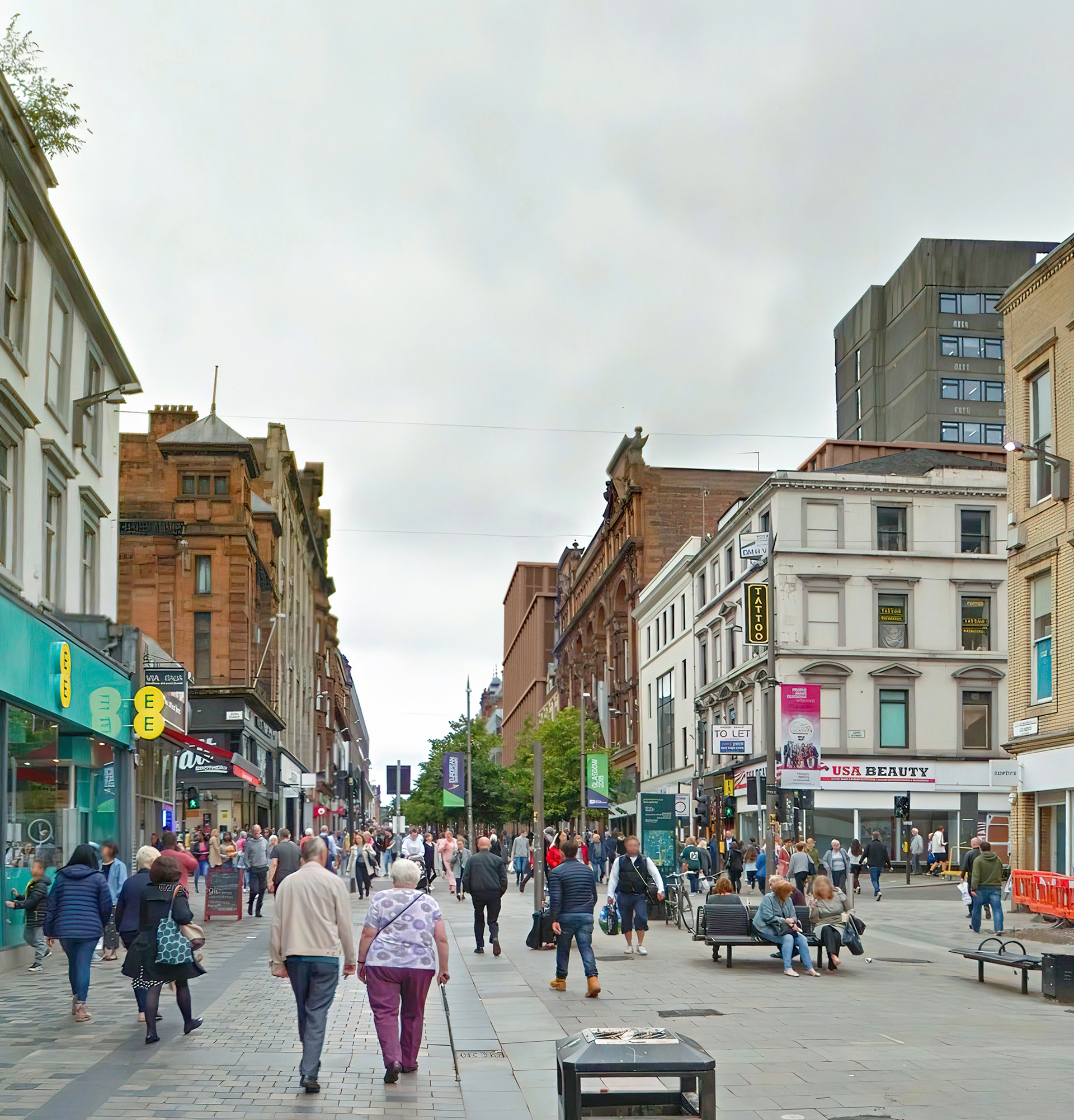 CGI mockup of the former Marks and Spencer's building viewed from street level at Sauchiehall Street, just before the junction with Hope Street.