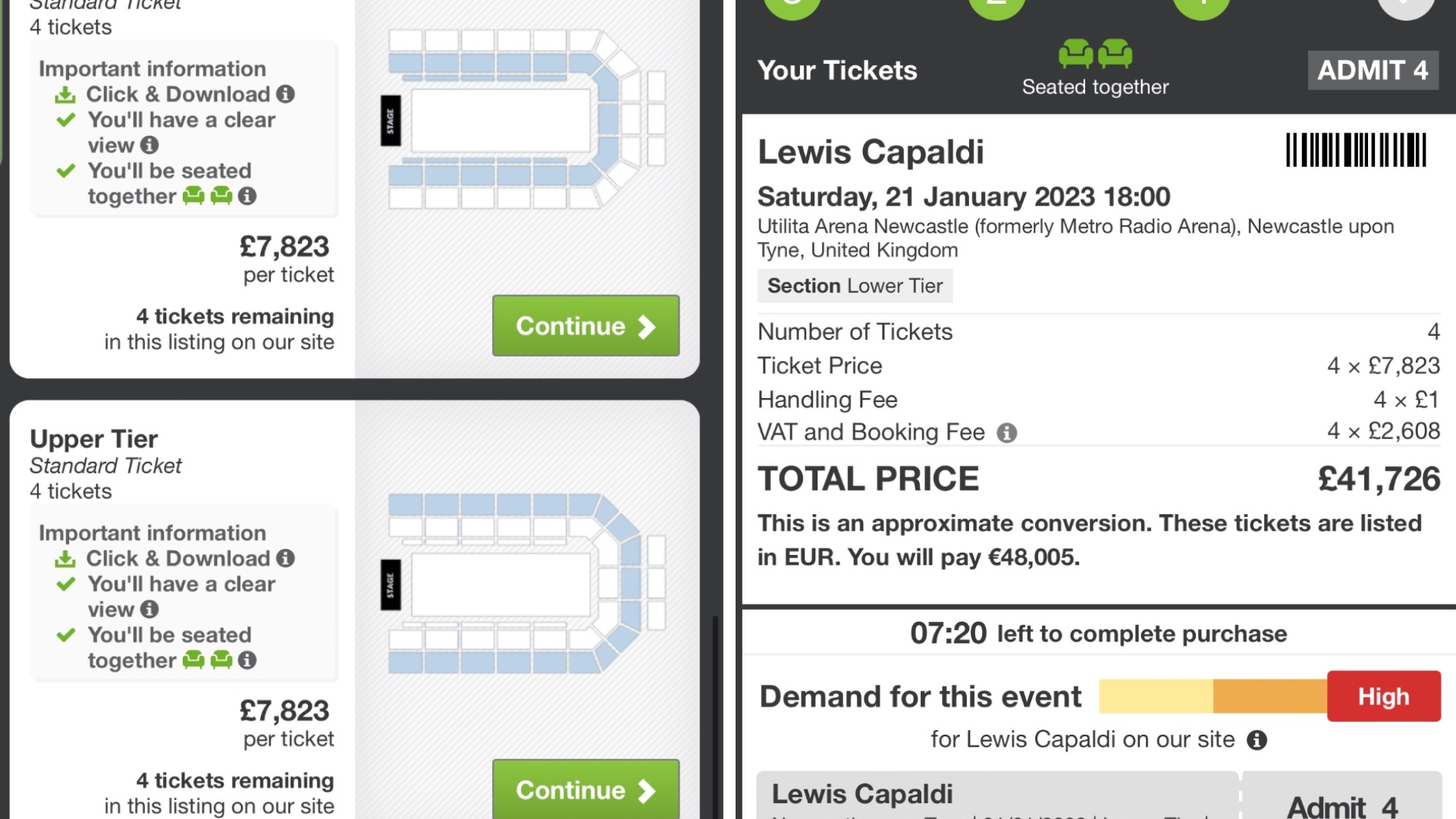 Screenshots showed tickets selling for almost £8,000 each. 