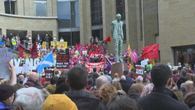 Aslef, RMT, and CWU rail and postal workers gather as major strike action gets under way in Scotland