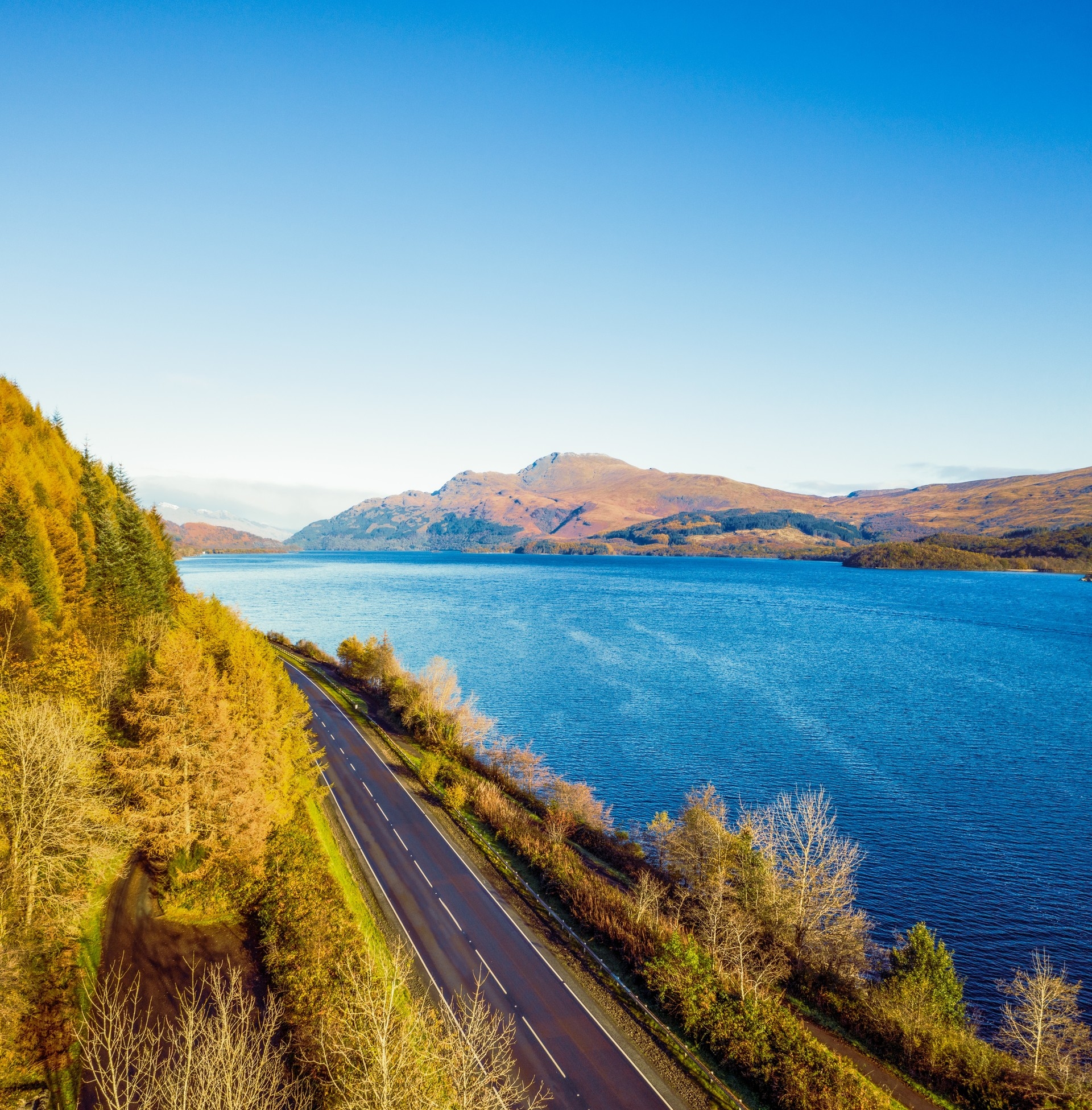 An aerial view of Loch Lomond in Central Scotland from above the A82.