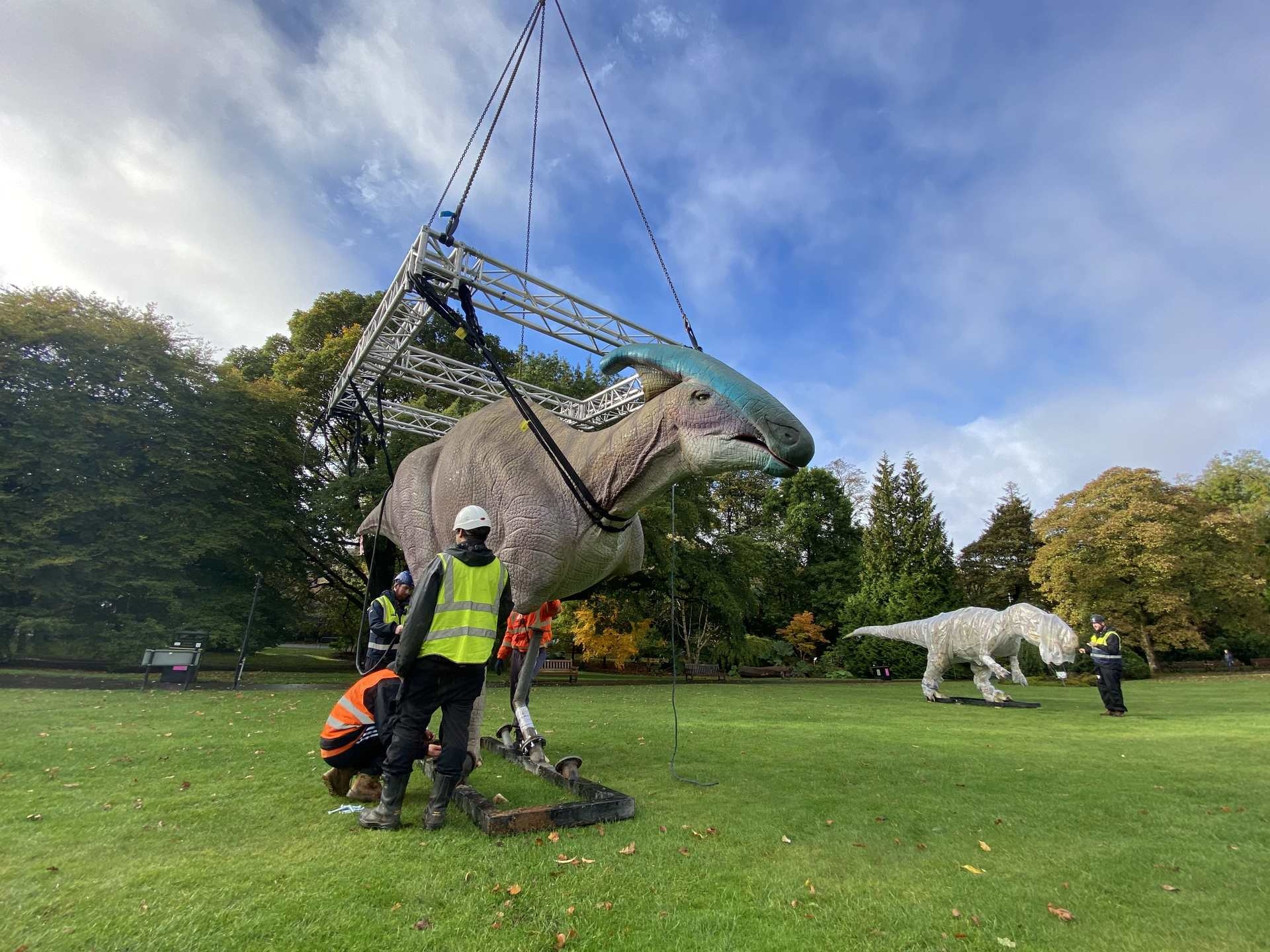 Some of the dinosaurs being set up in preparation. 