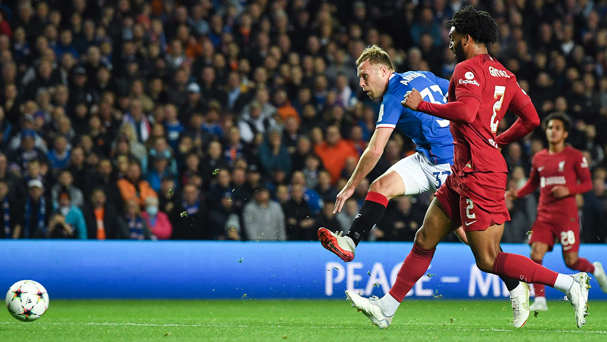 Scott Arfield put Rangers 1-0 ahead against Liverpool at Ibrox.