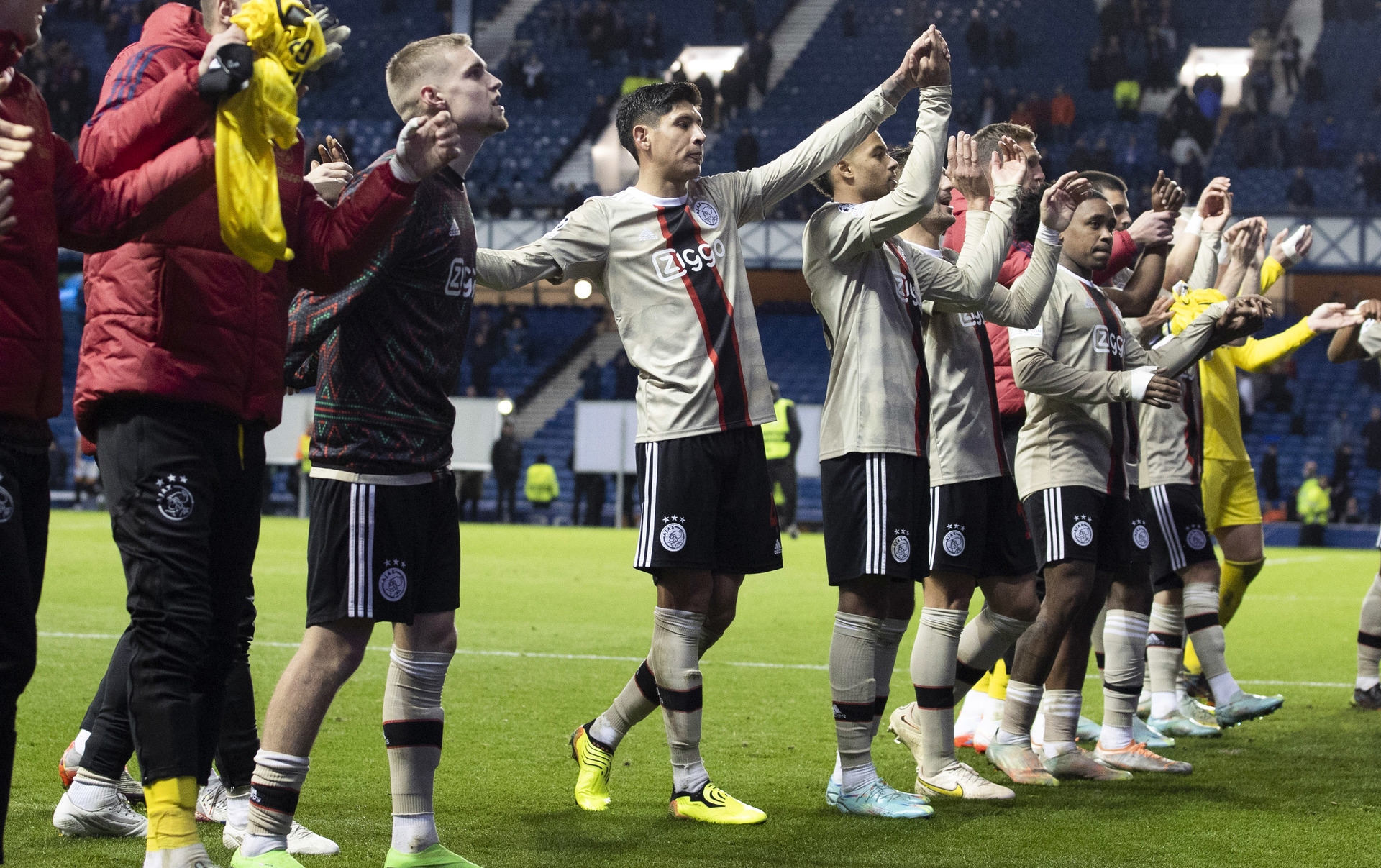 Ajax players celebrate at full time after 3-1 win at Ibrox. (Photo by Alan Harvey / SNS Group)