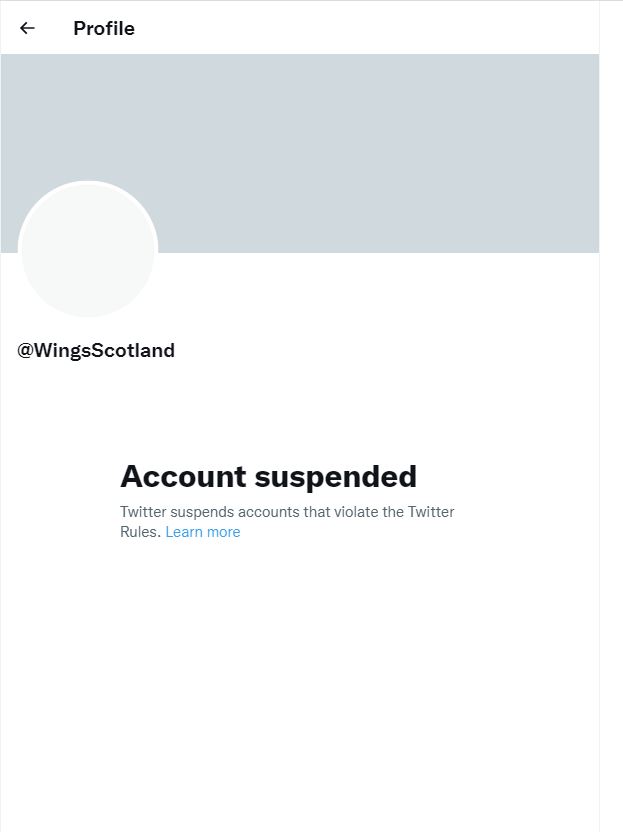 The Wings over Scotland account has been suspended from Twitter again.