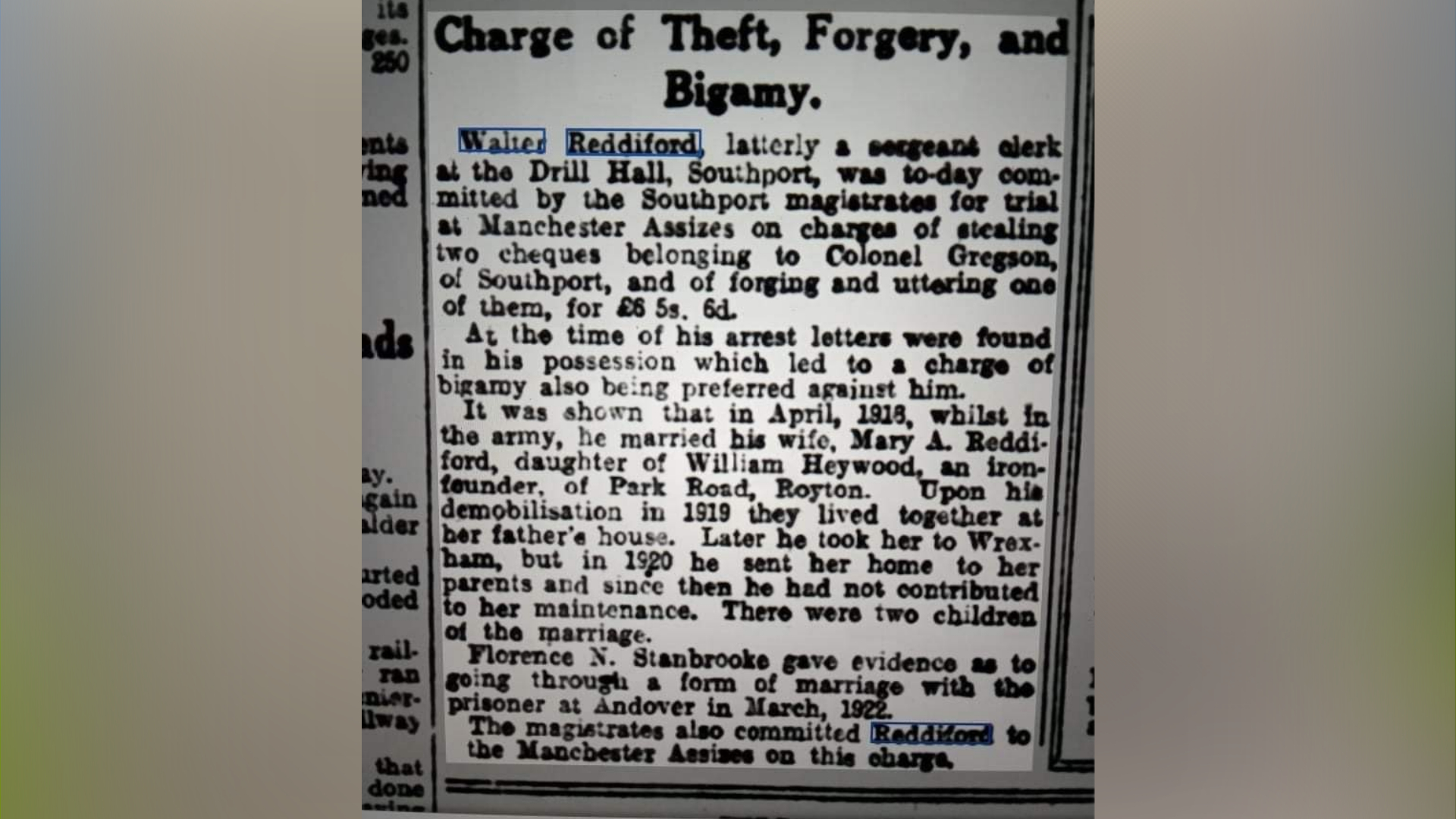 The newspaper clipping on Corporal Reddiford's charges.