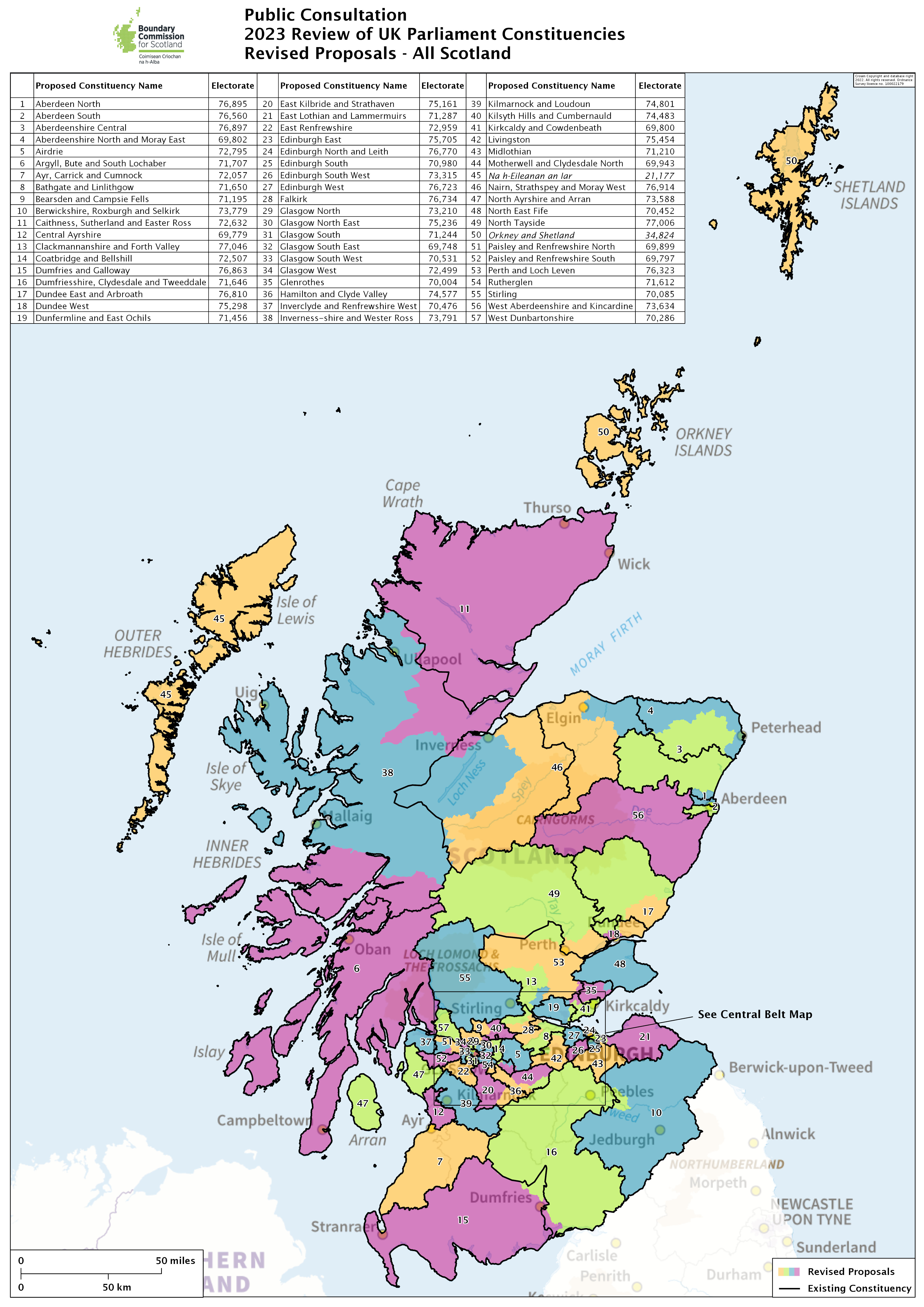 Proposed changes from the Boundary Commission for Scotland. Current constituency boundaries shown with black lines while new proposals are colours.