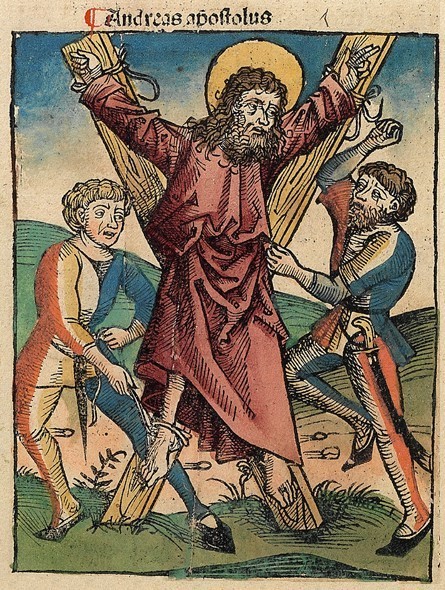 Depiction of St Andrew's crucifixion in the Nuremberg Chronicle, 1493.