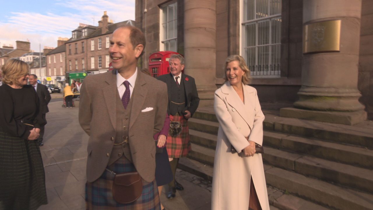 Prince Edward and Sophie, Earl and Countess of Forfar, attend thanksgiving service on visit to Angus town