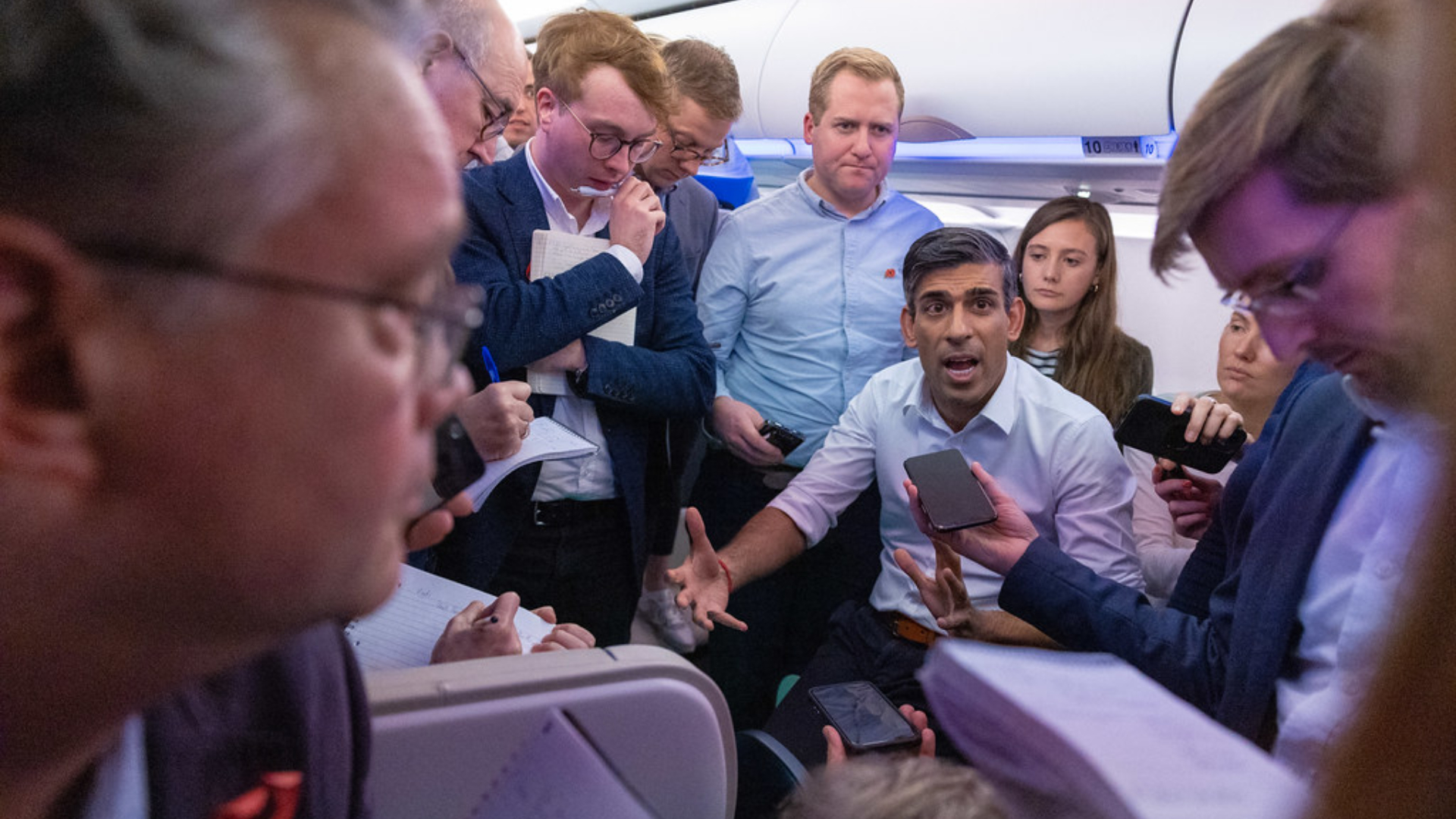 The Prime Minister Rishi Sunak talks to lobby journalists on the flight to Bali and the G20 meeting.