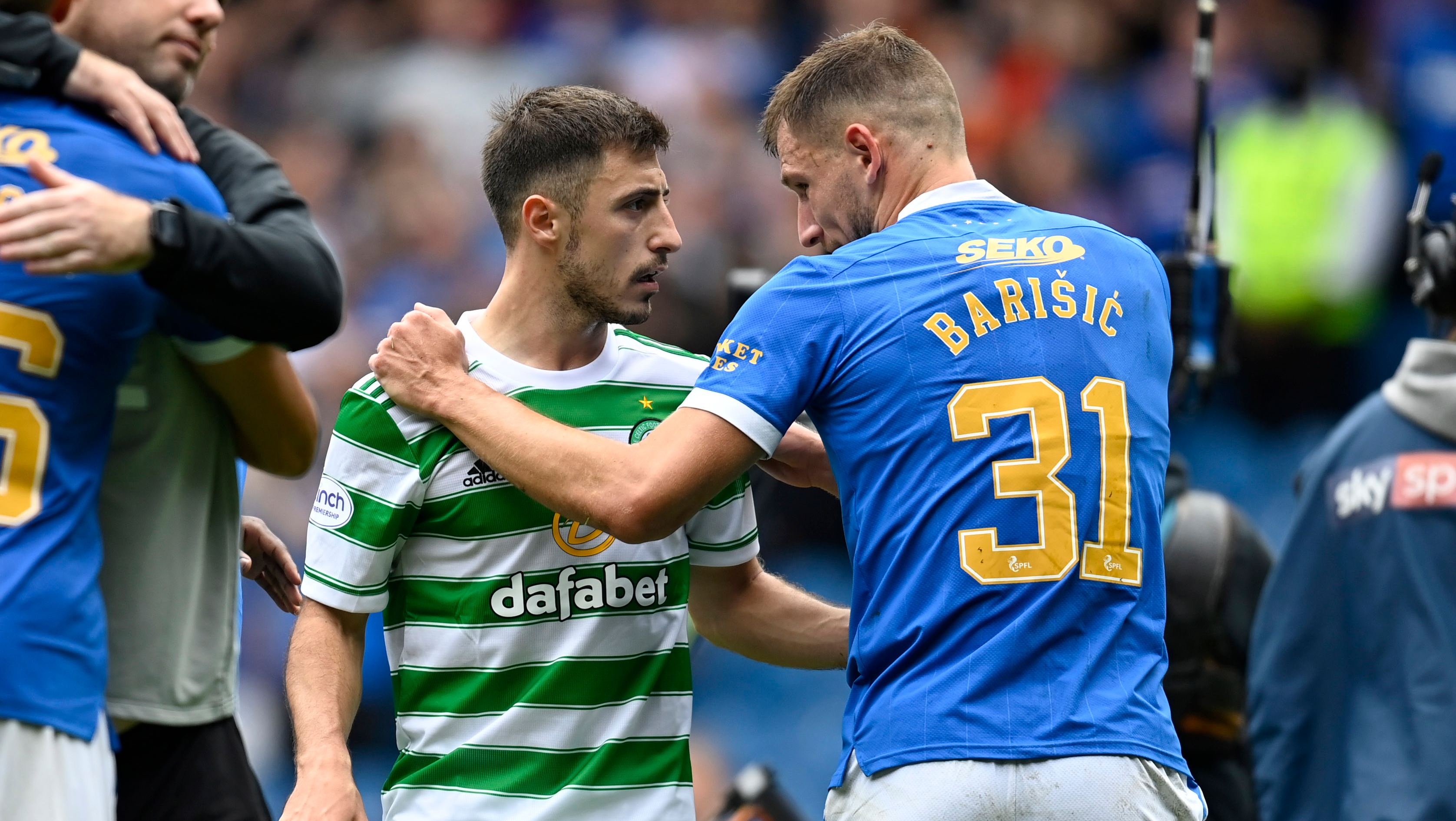 Croatia teammates Josip Juranovic (left) and Borna Barisic at full time during a Premiership match between Rangers and Celtic.