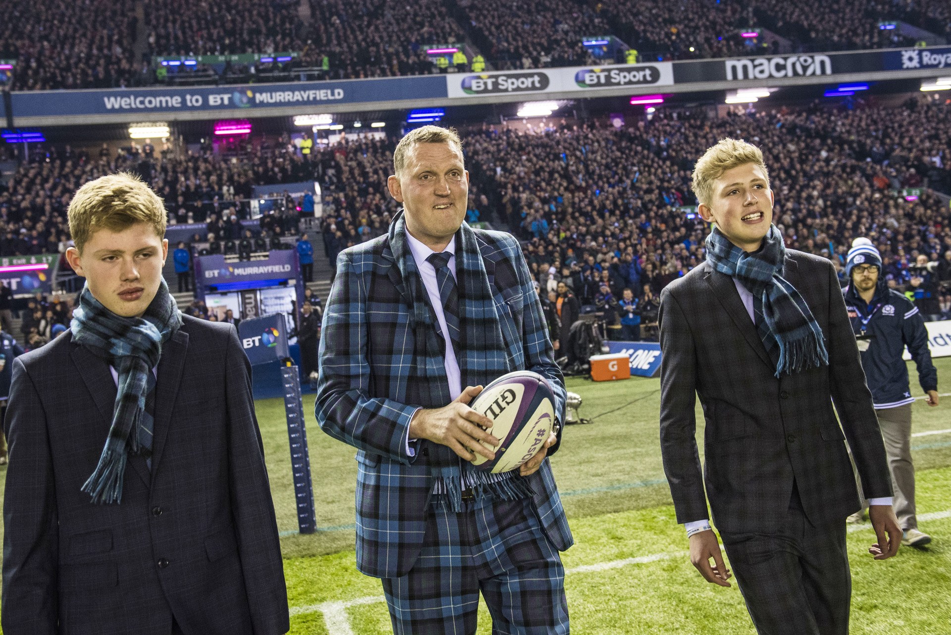 18/11/17 AUTUMN TEST SCOTLAND v NEW ZEALAND BT MURRAYFIELD STADIUM - EDINBURGH Doddie Weir delivers match ball with sons.