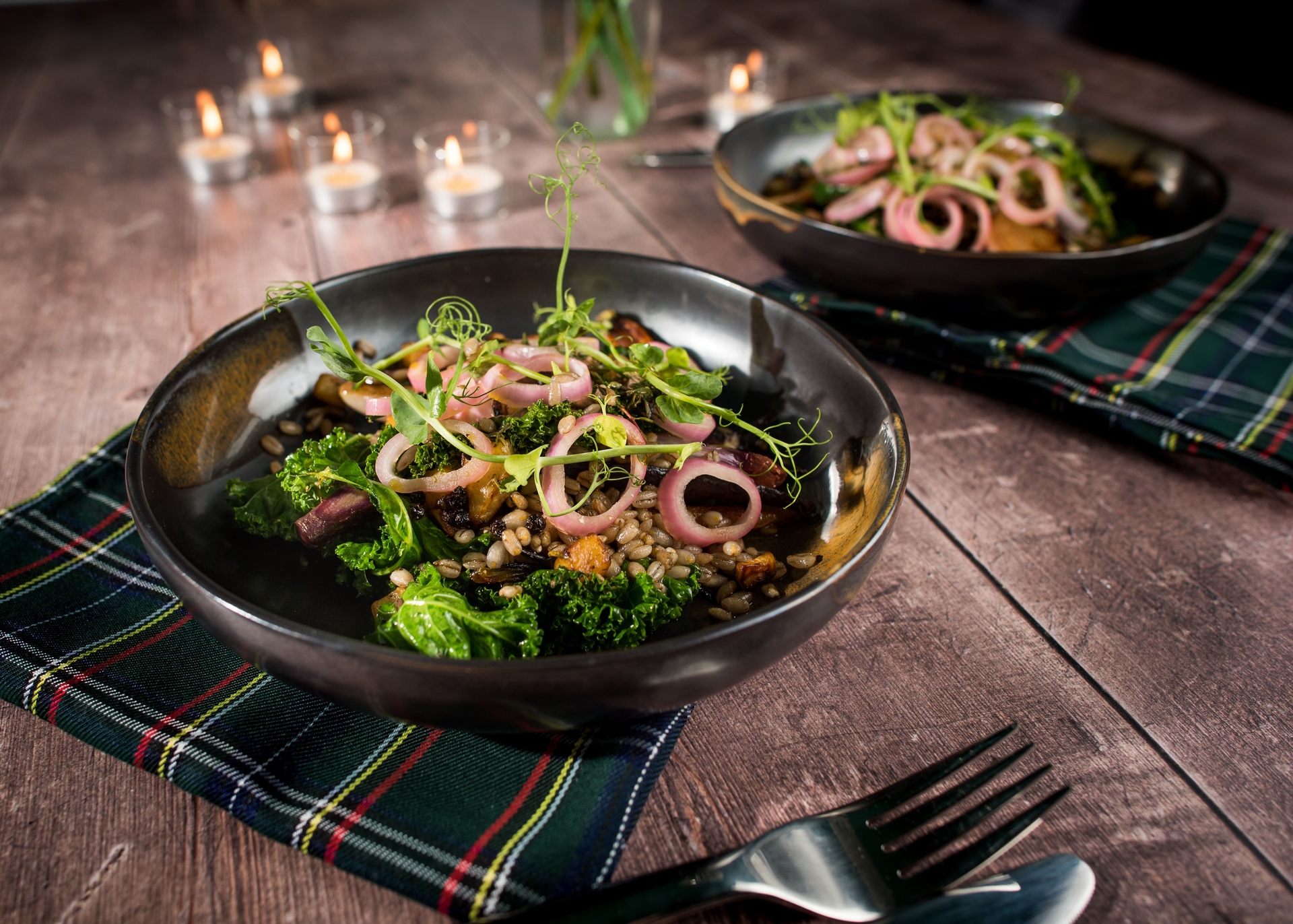 The starter of a one-pan winter veggie dish with roasted Scottish roots, kale, pearl barley with pickled shallots.