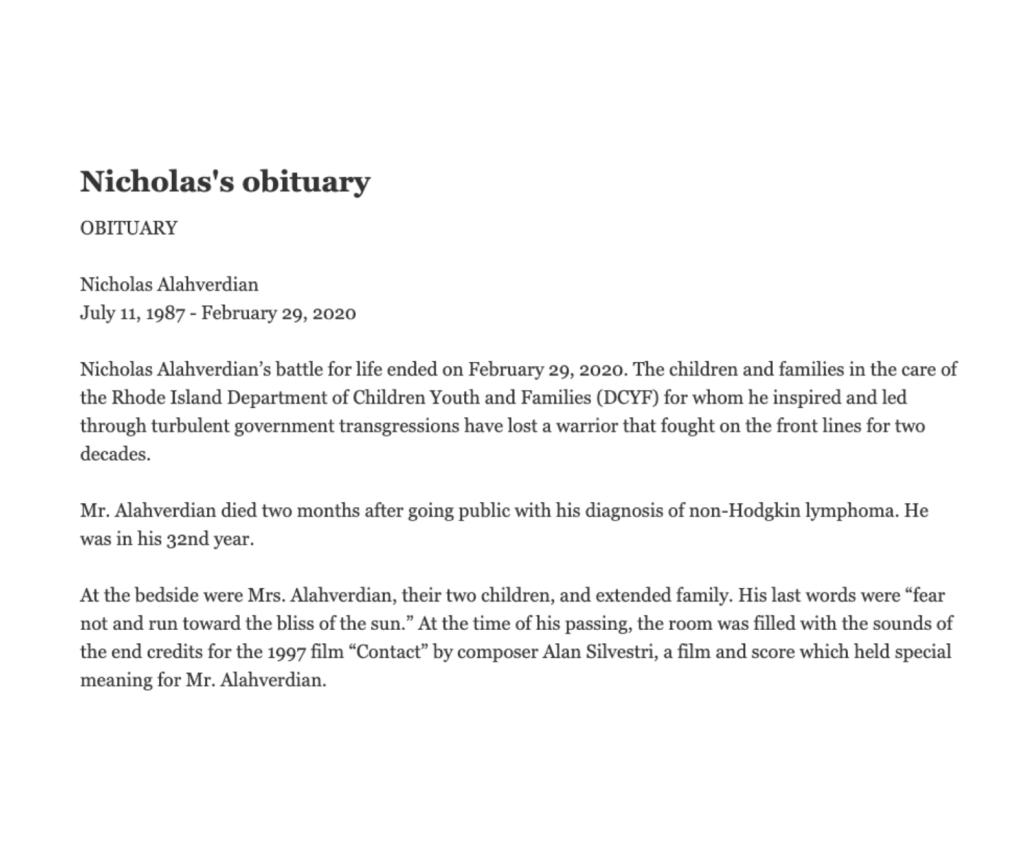 Nicholas Alahverdian's obituary appeared in local media.