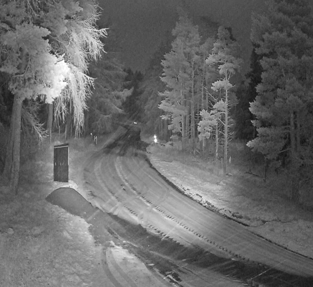 Snowfall early on Wednesday morning captured by mounted cameras on the A939 in Corgarff.