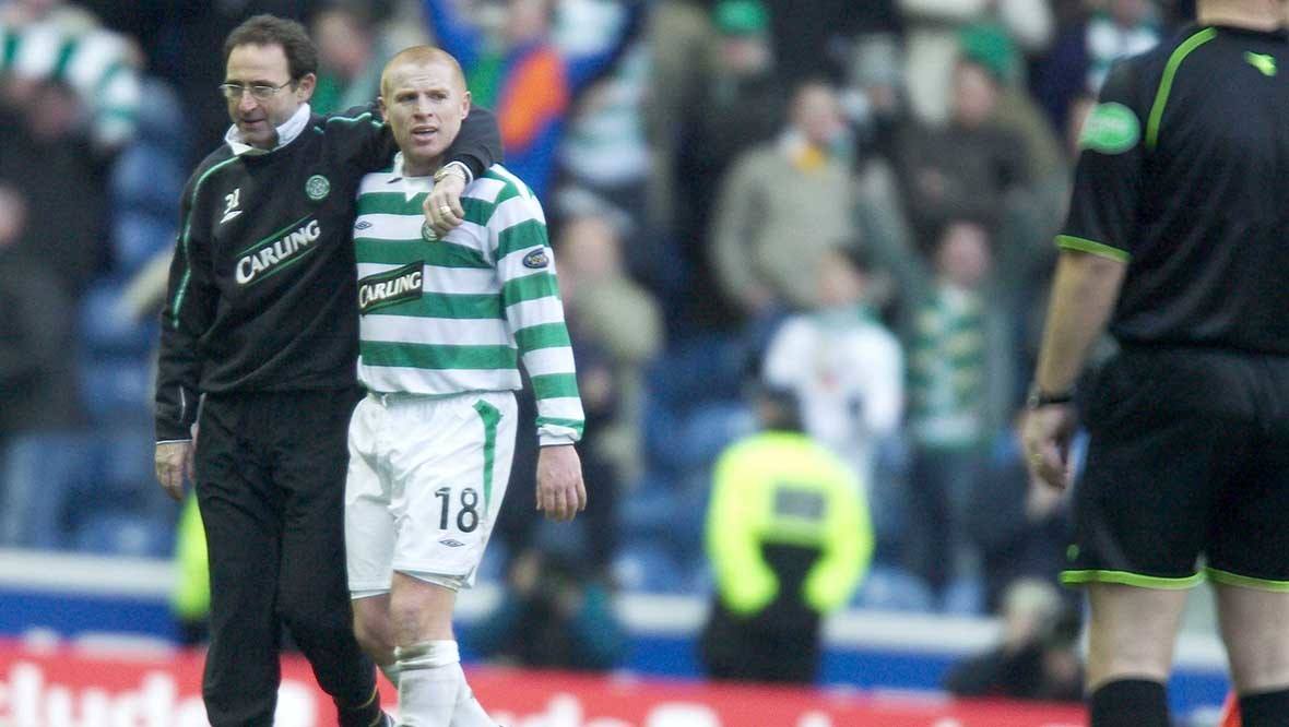 O'Neill takes Neil Lennon to salute the Celtic fans after a 2-0 defeat at Ibrox in 2004.