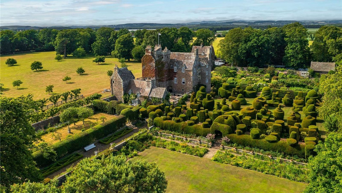 Earlshall Castle is surrounded by magnificent gardens. 