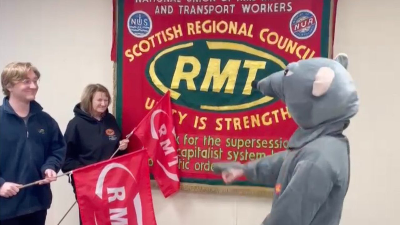 GMB union boss thanks members in Glasgow dressed as ‘giant rat’