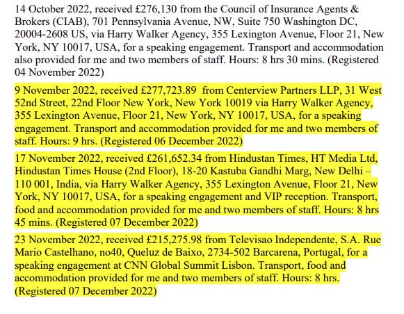 Boris Johnson's latest registered payments. 