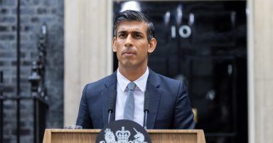Prime Minister Rishi Sunak delivering public address from Downing Street