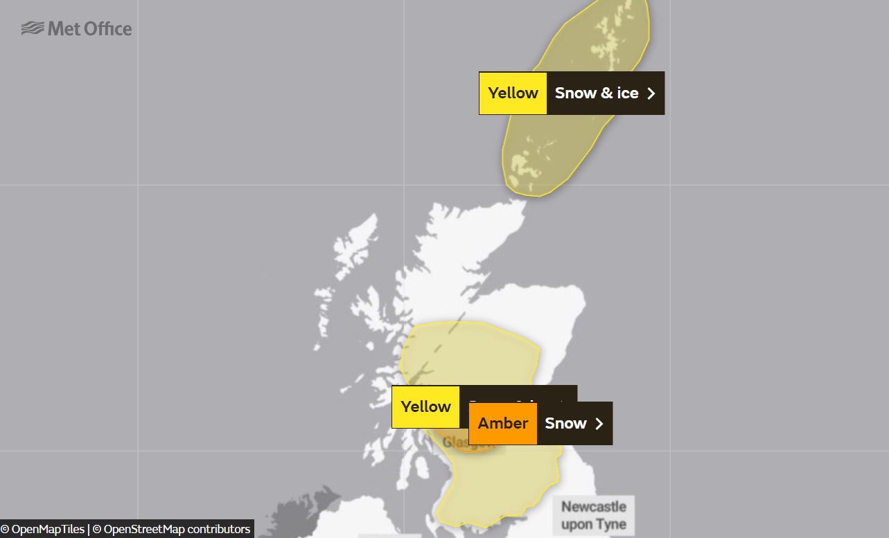 Amber and yellow weather warnings are in force across much of Scotland.