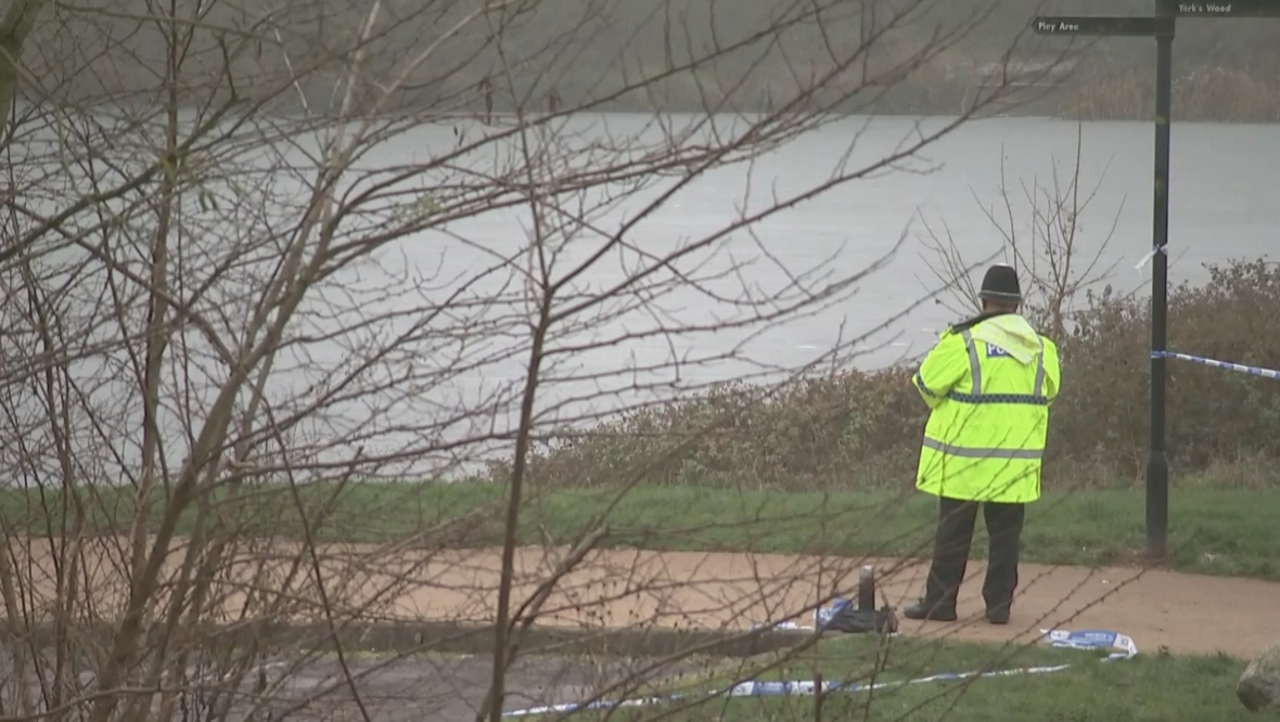 The lake in Solihull where the tragedy occurred on Sunday. 