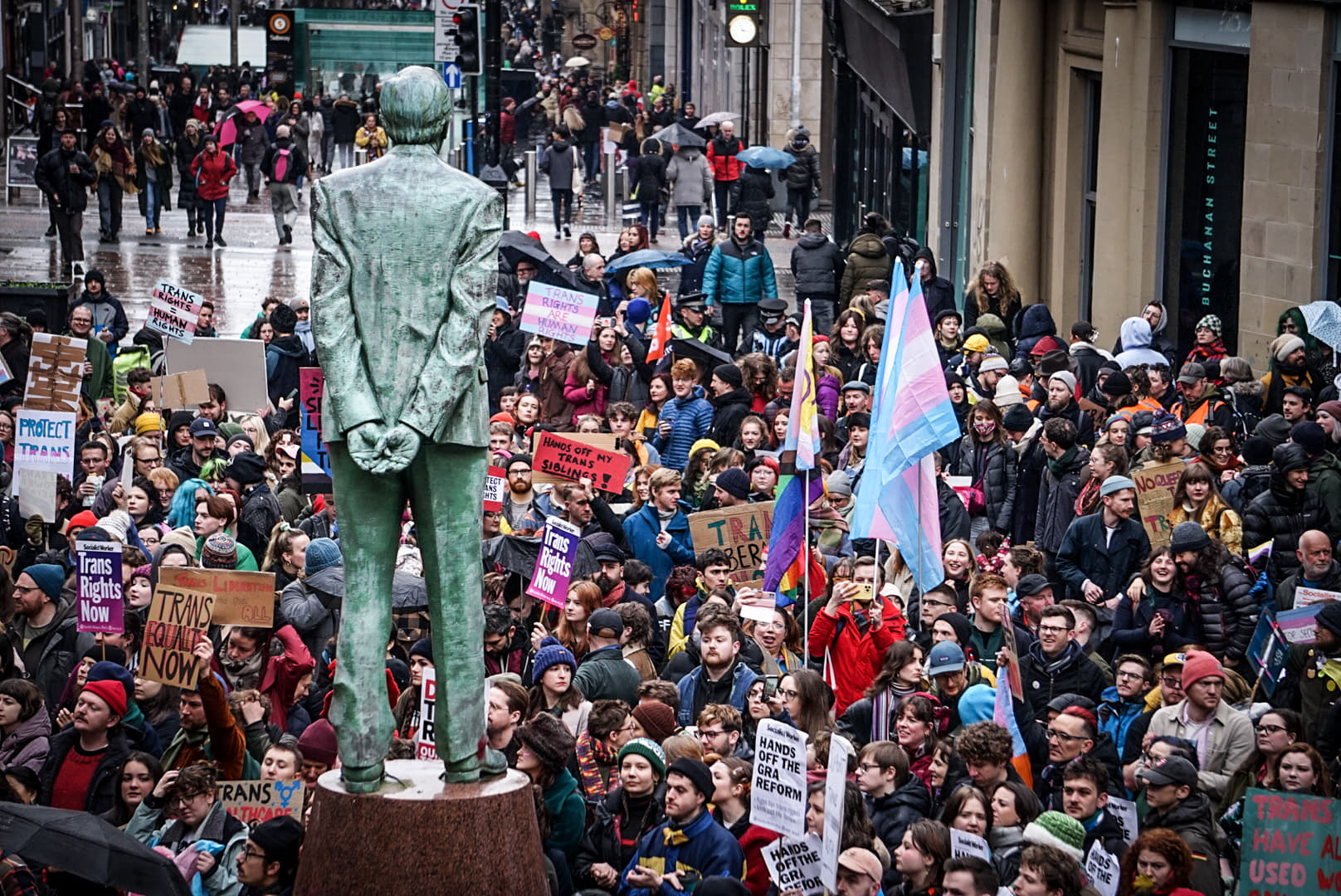 Hundreds of people gathered in Glasgow on Saturday in protest against the UK Government's decision to block Scottish gender recognition reforms. (Image: Max Joss)