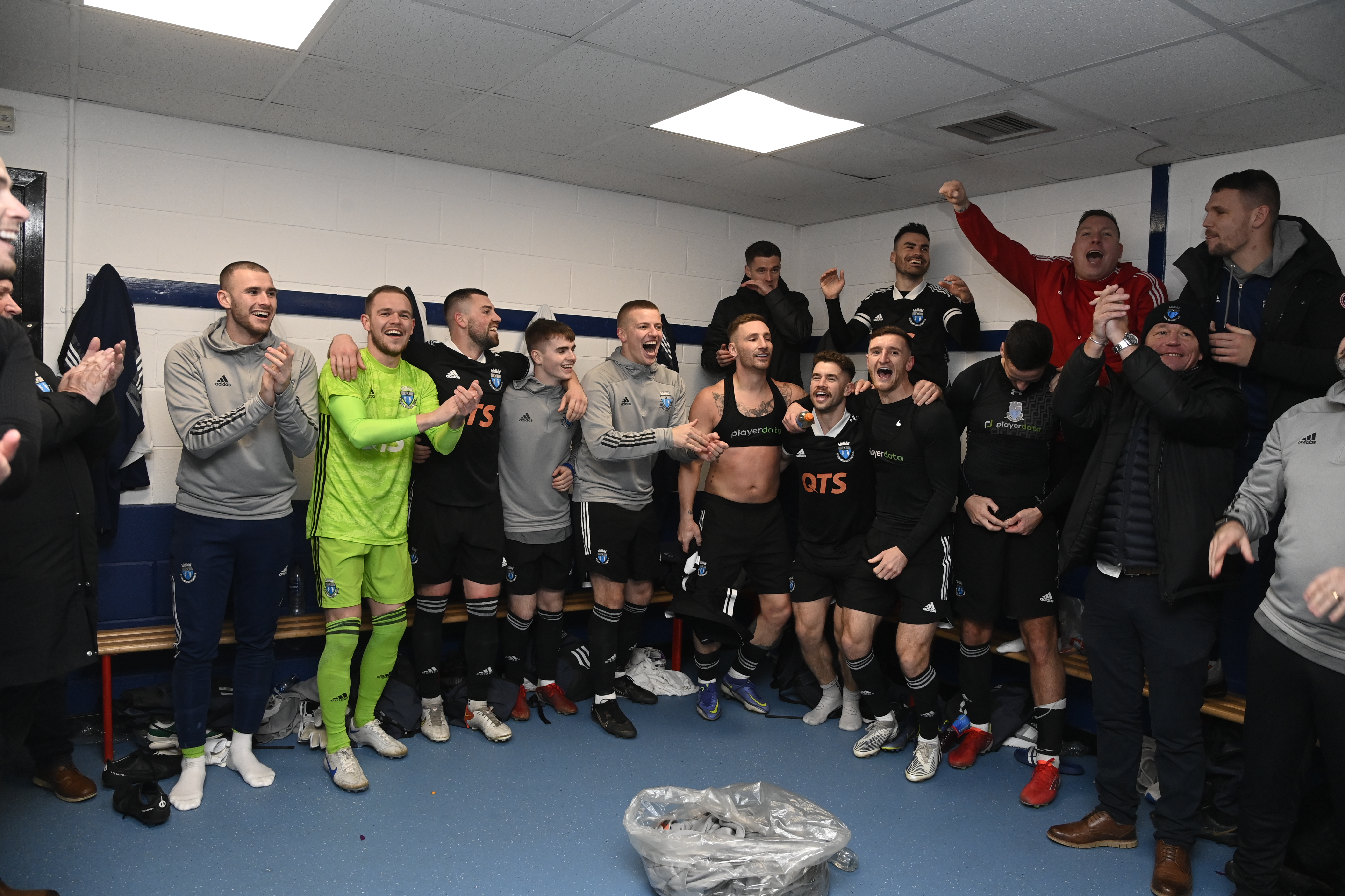 Dressing room celebrations after Darvel beat Montrose in the third round.