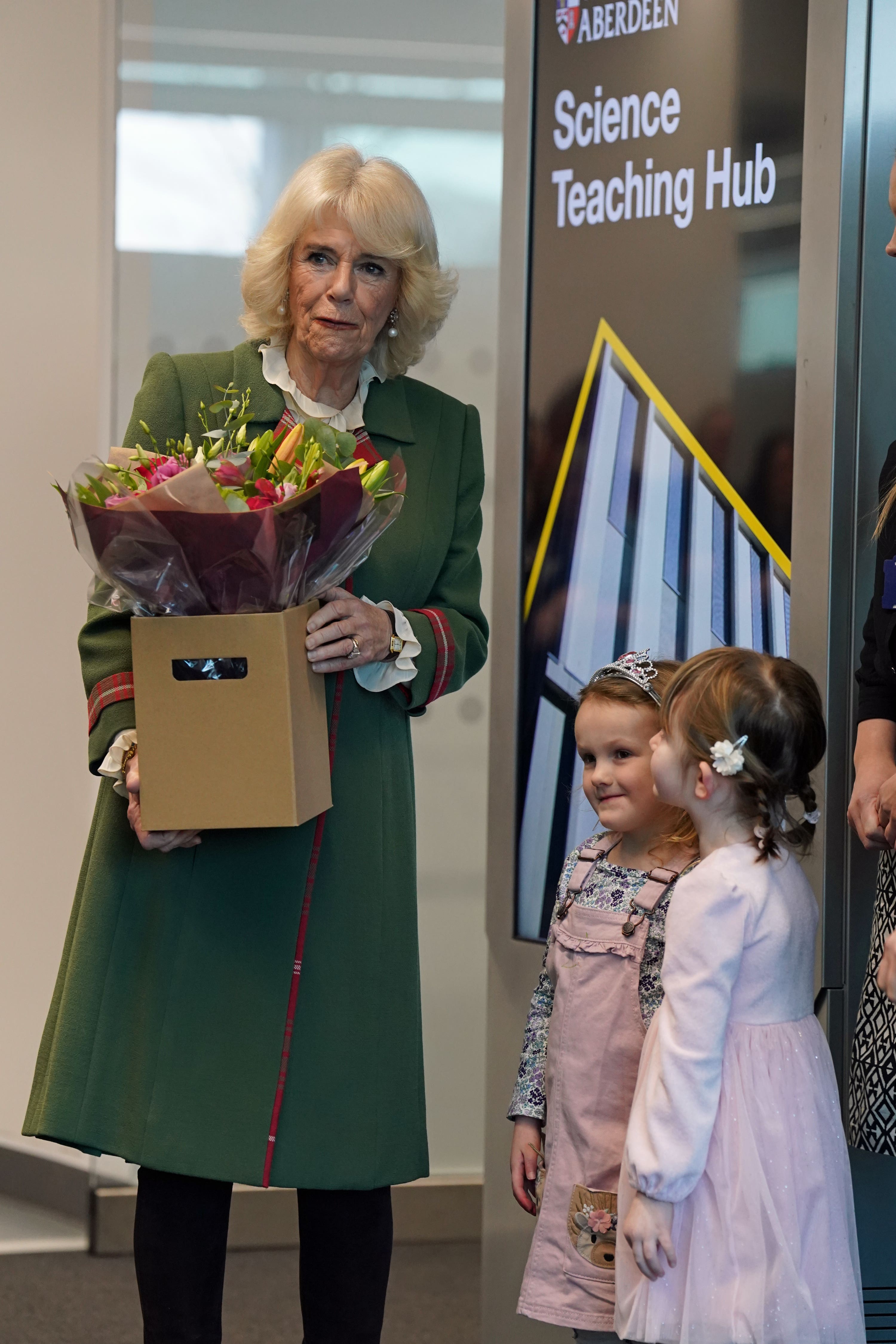 Camilla was presented with flowers by youngsters Elspeth Cameron, left, and Rosa Alexander.