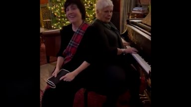 Dame Judi Dench and Sharleen Spiteri sing Abba hit Waterloo at Hogmanay celebrations at The Fife Arms