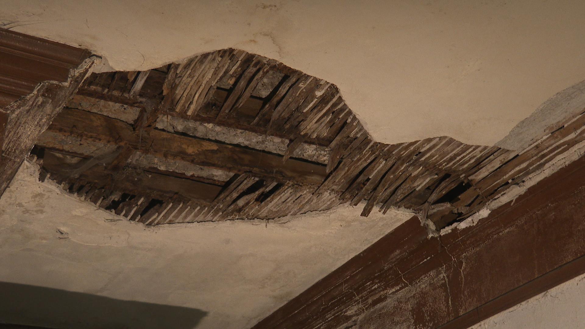 Ceiling damage at Bannockburn House.