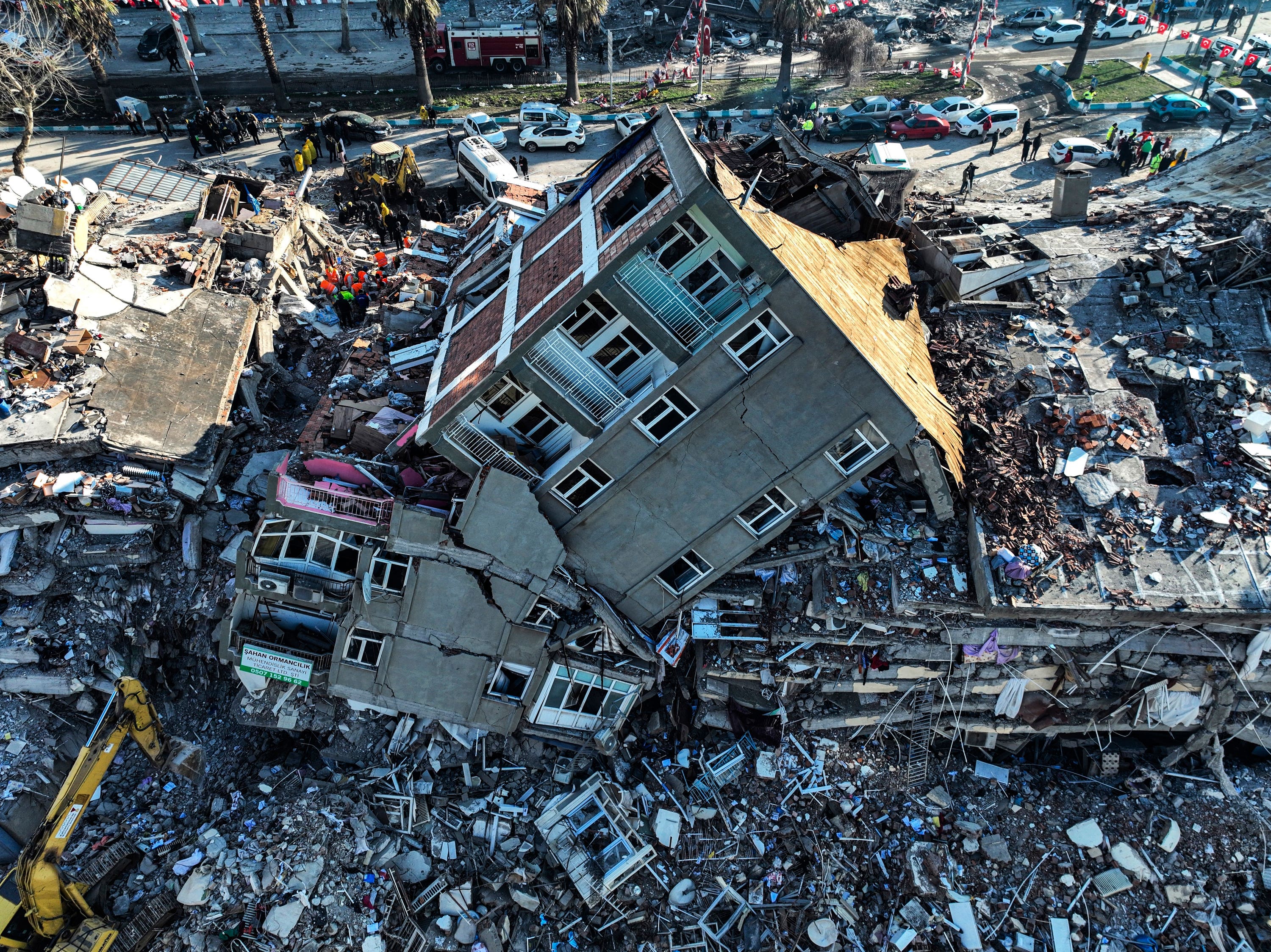 Aerial photo shows the destruction in Kahramanmaras, southern Turkey.
