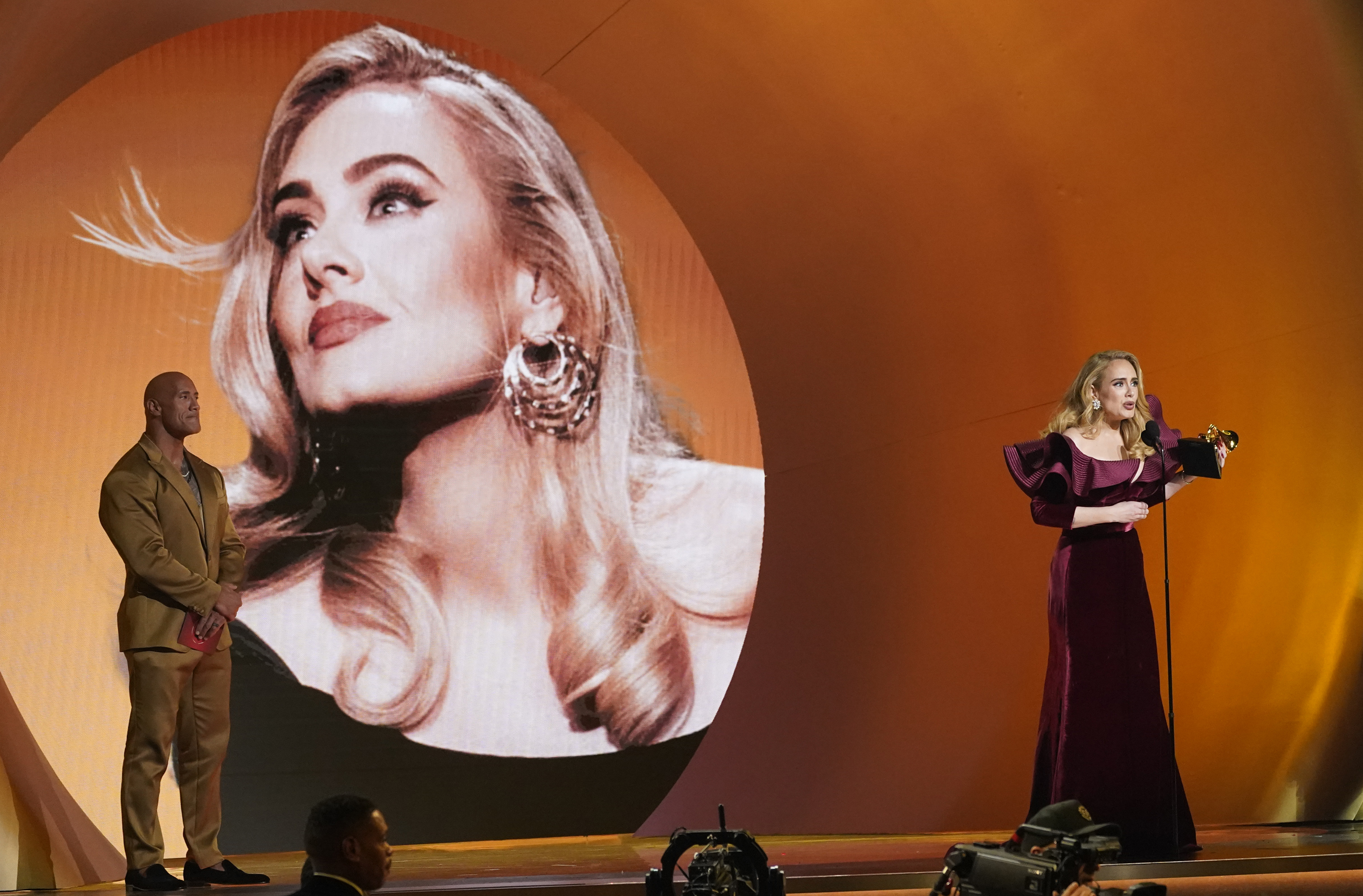 Adele accepts the award for best pop solo performance for Easy On Me at the 65th annual Grammy Awards on Sunday, Feb.