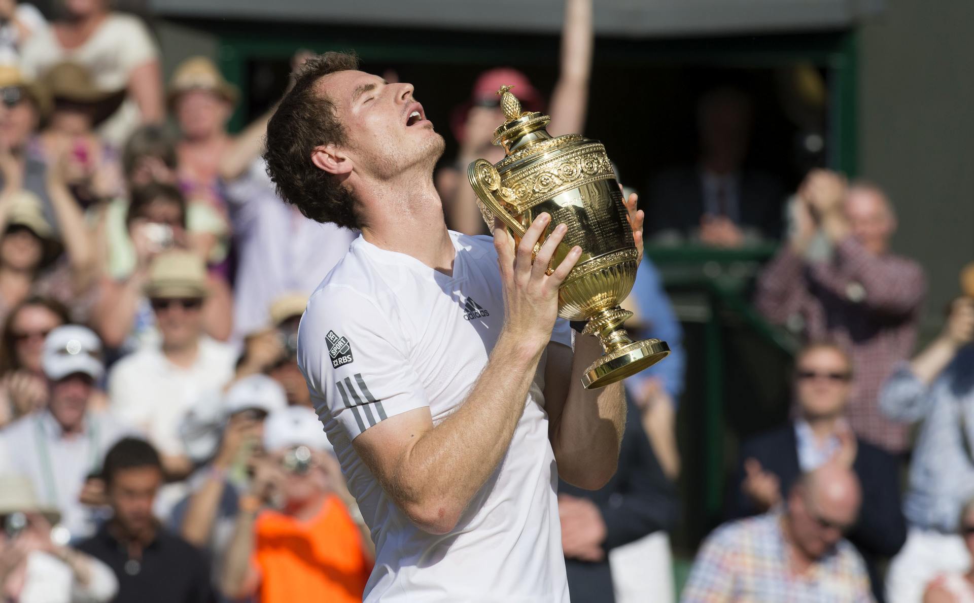 Sheer delight after clinching a straight sets victory over Novak Djokovic to win his first Wimbledon title ten years ago.