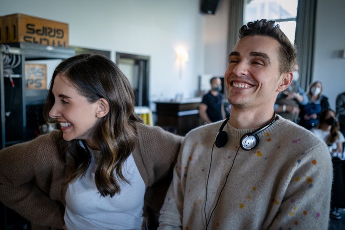 Alison Brie with husband and director Dave Franco behind the scenes on set of Somebody That I Used To Know