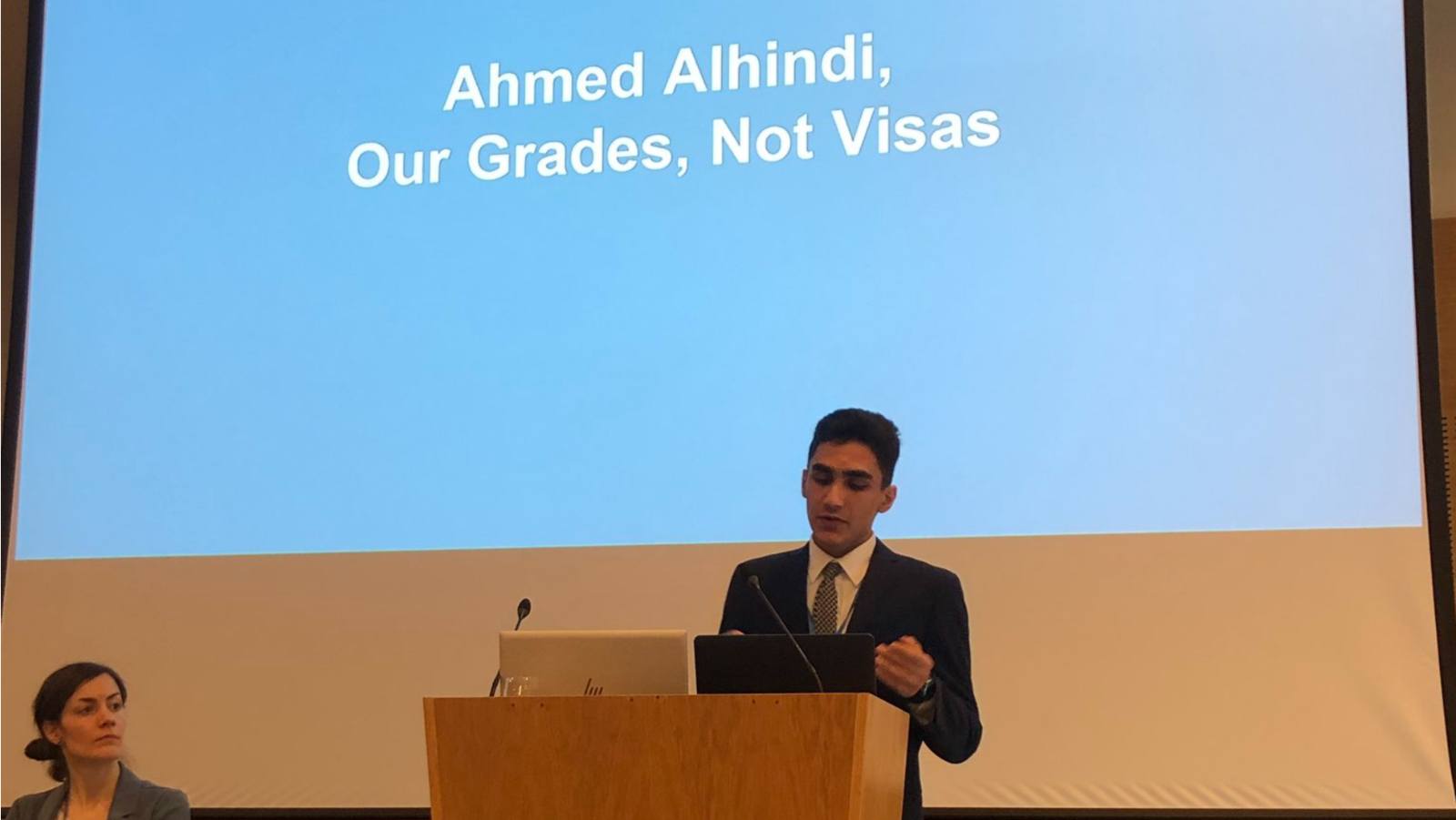 Ahmed Alhindi speaking about the Our Grades Not Visas Campaign