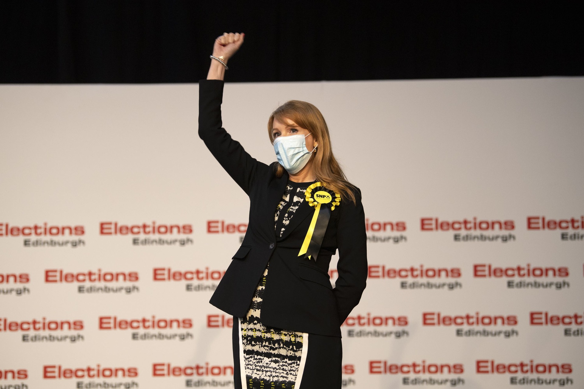 Ash Denham reacts as she holds her seat for the Scottish Parliamentary Elections at Ingliston Highland Centre, Edinburgh in 2021.