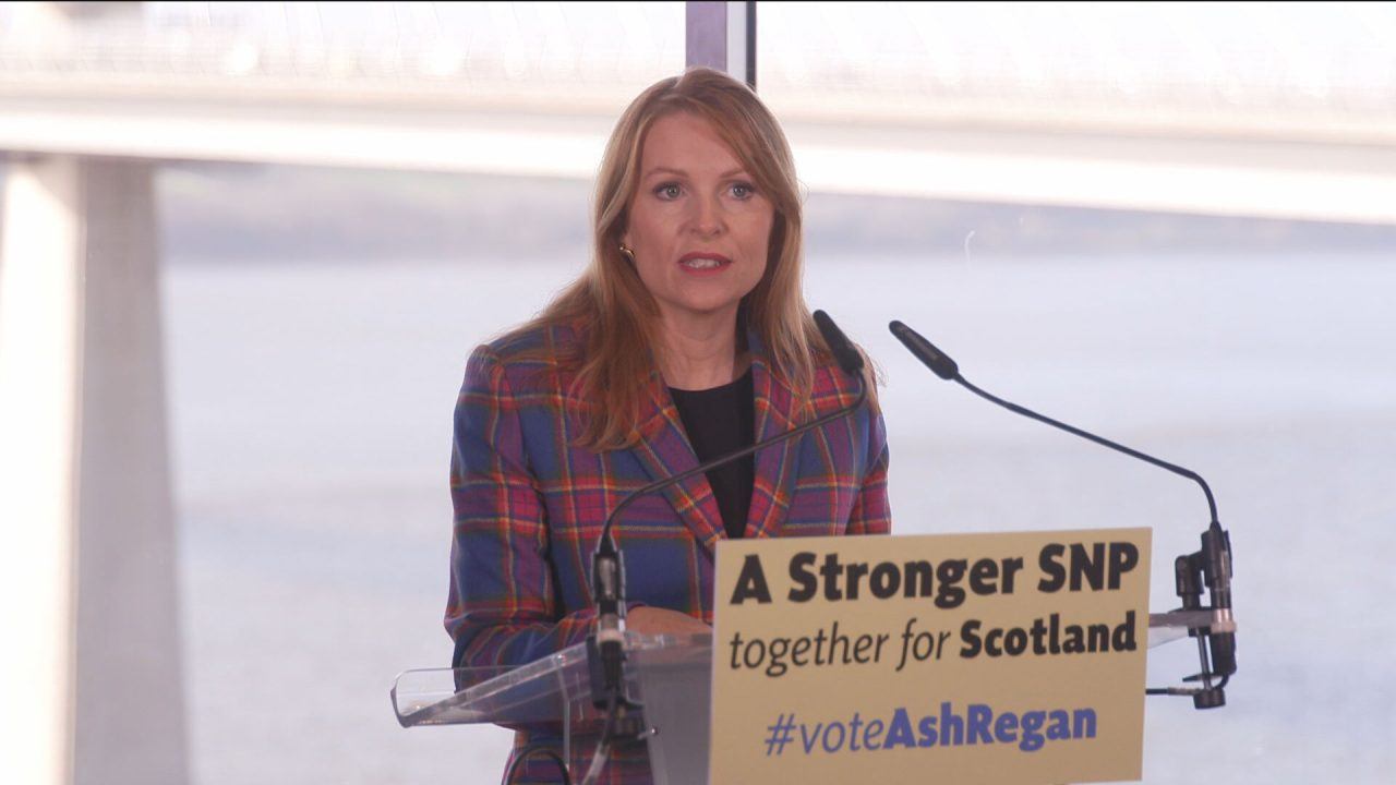 Ash Regan is seen giving her campaign launch speech