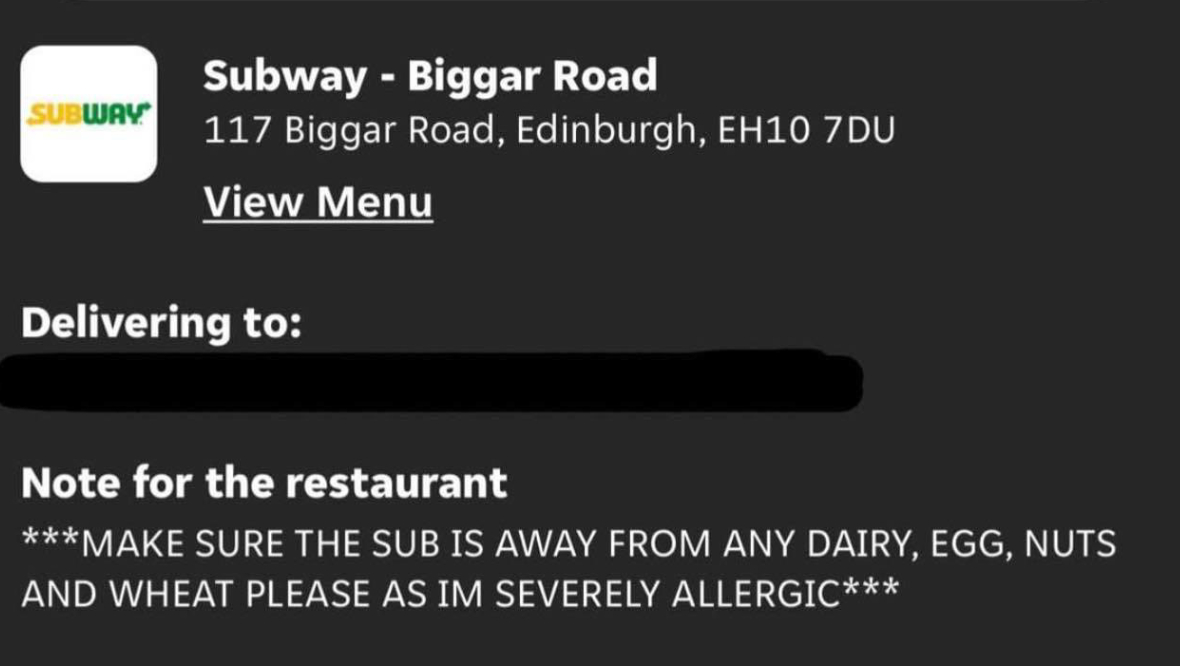 Kiera made sure she included her allergy requirements when making the order. 