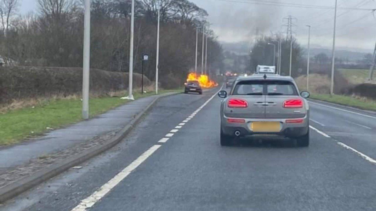 Car bursts into flames on busy Fife A915 Standing Stane Road during rush hour traffic