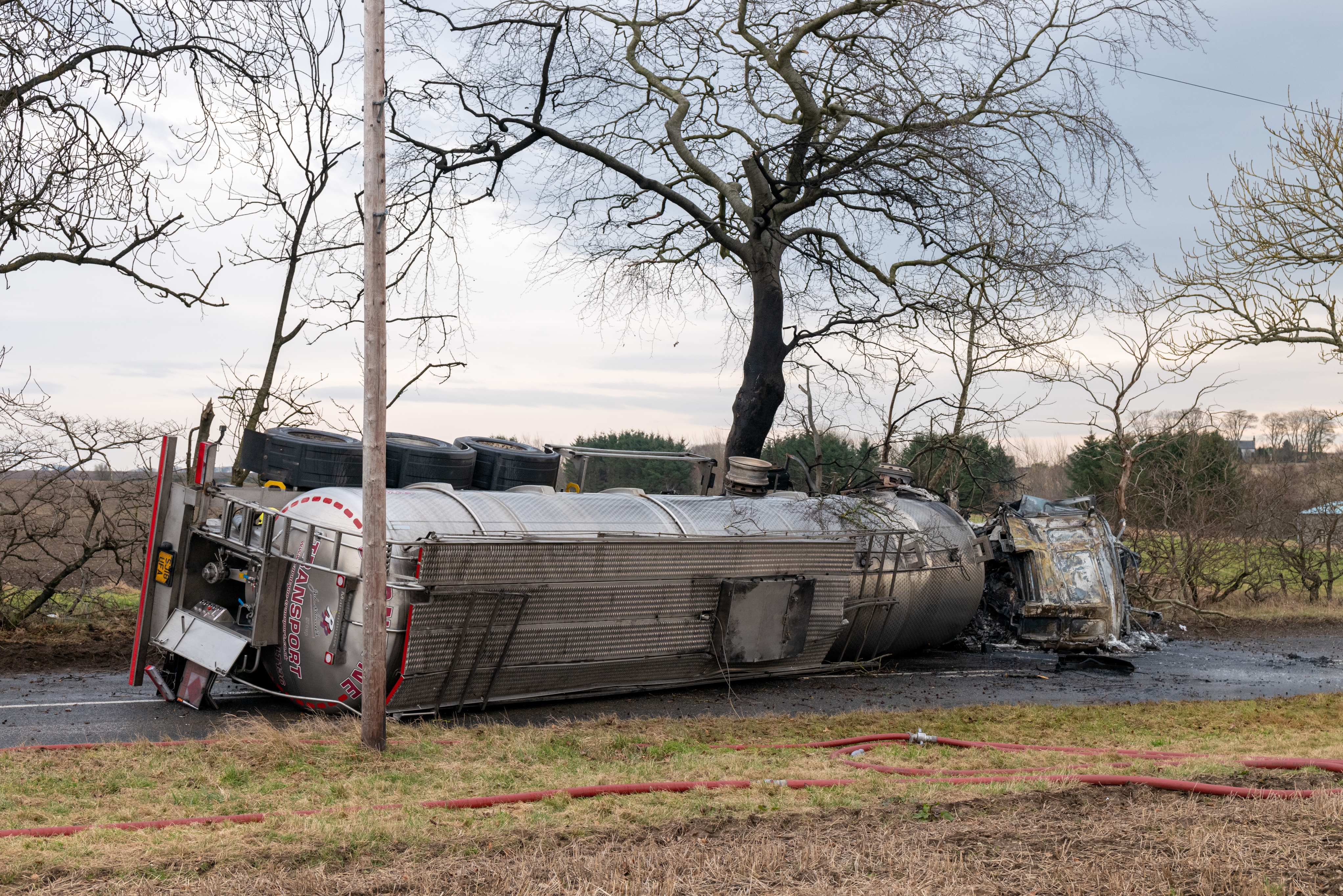 The tanker appeared to have crashed, overturned and caught fire.