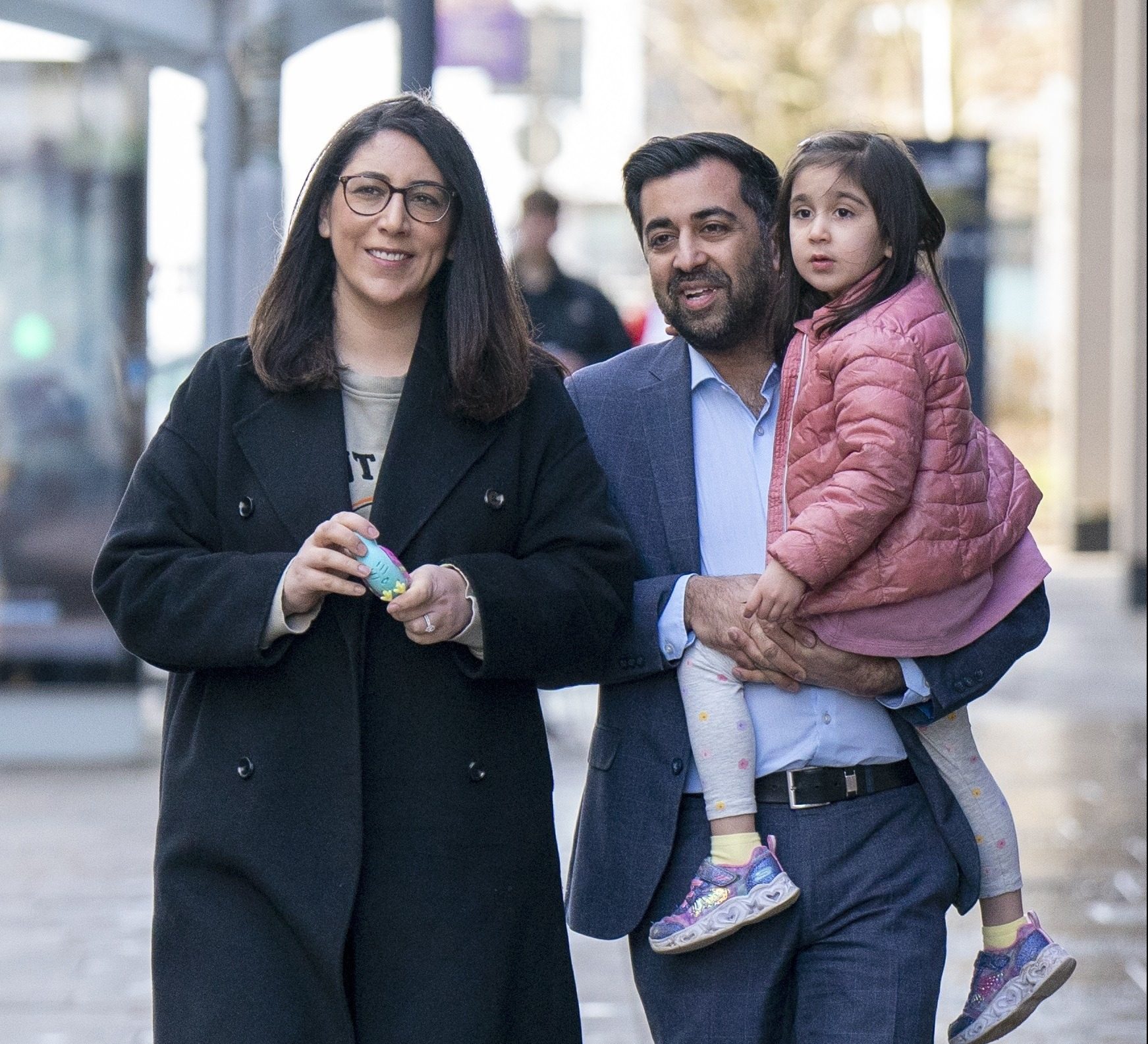 Humza Yousaf arrives with his wife Nadia El-Nakla and daughter Amal for the SNP leadership hustings at the University of Strathclyde on March 11, 2023 in Glasgow.