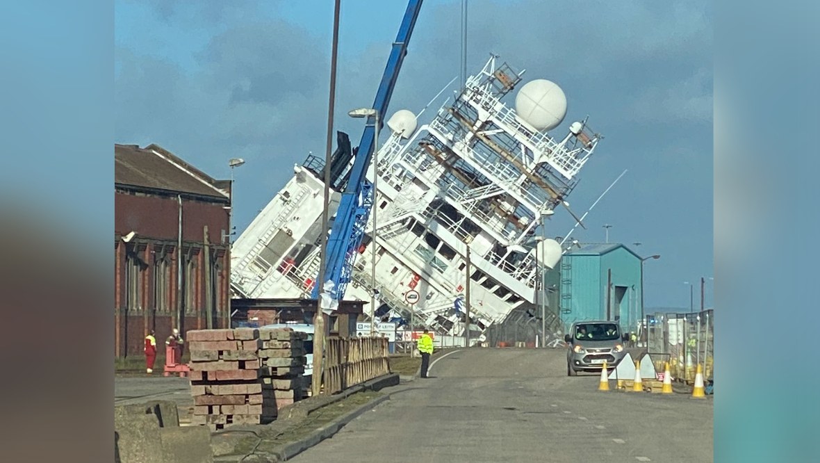 The Petrel, owned by the US Navy, was left leaning at a 45-degree angle in the dry dock.