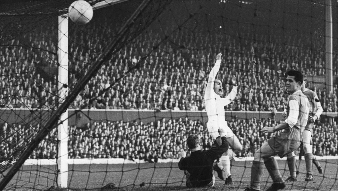 Alfredo di Stefano scores Real Madrid's second goal in the 1960 European Cup final at Hampden.
