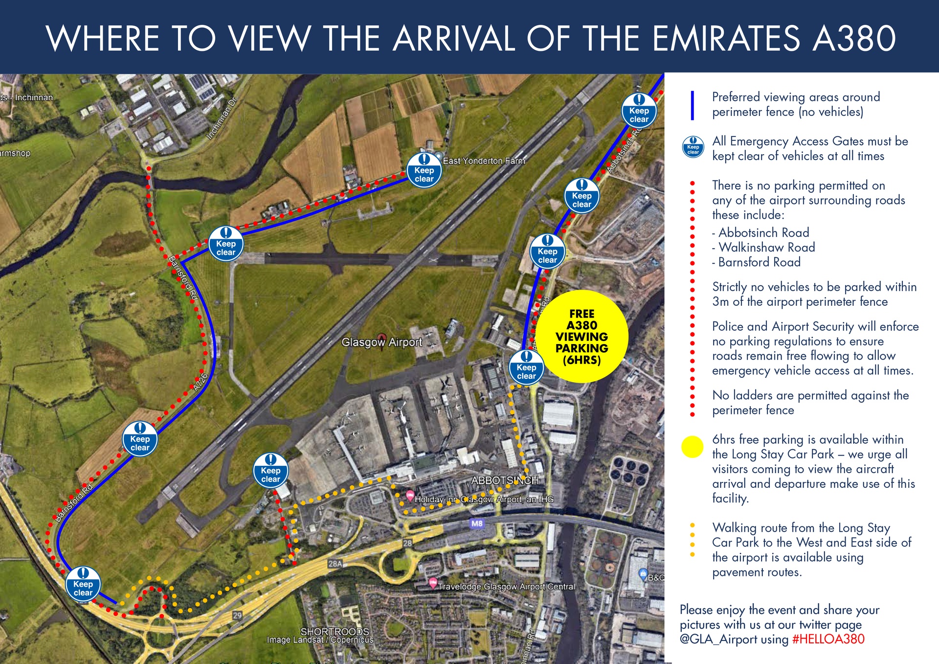 Glasgow Airport has issued a map showing where people can gather and access to free parking.