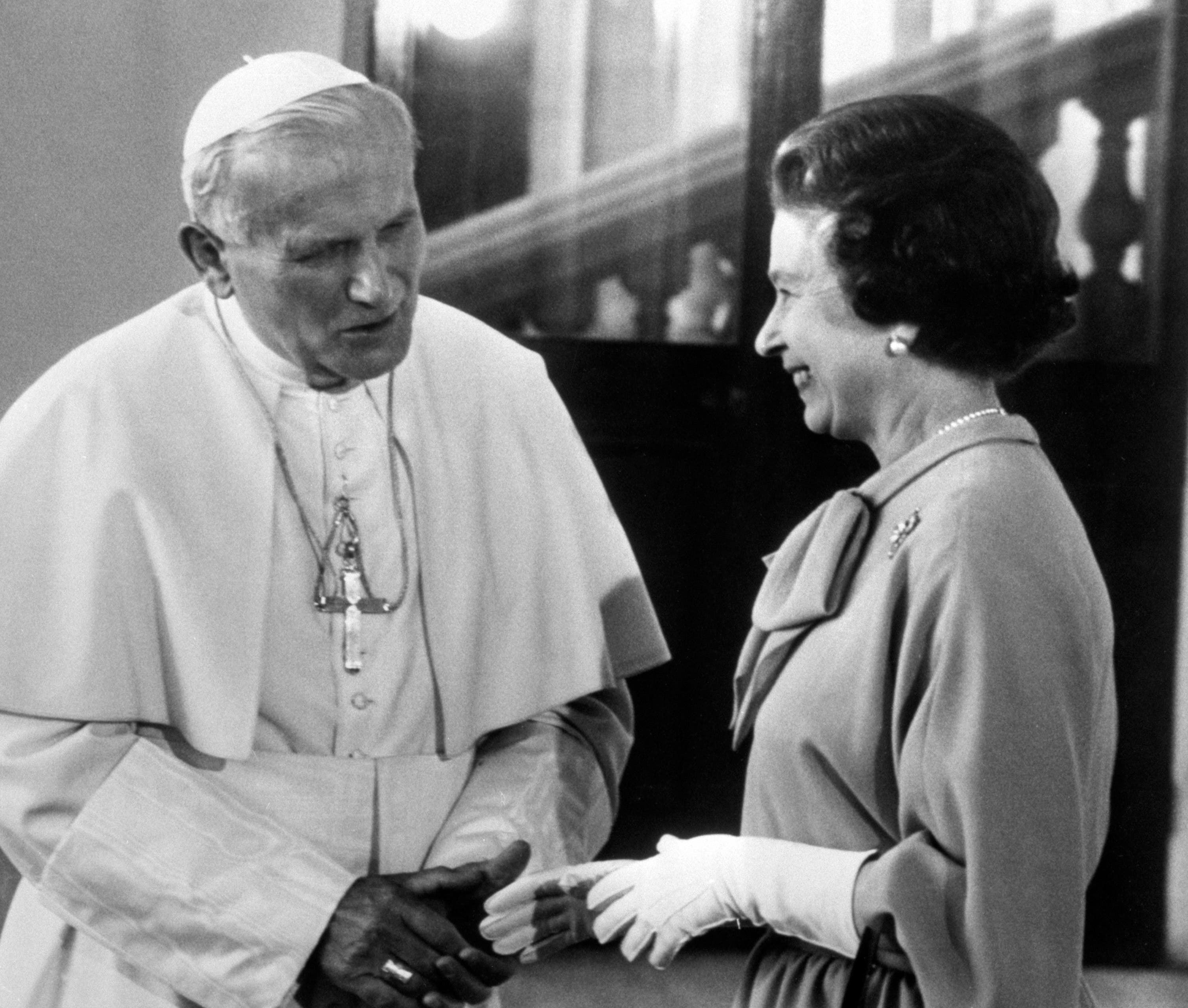 Pope John Paul II and Queen Elizabeth II meeting at Buckingham Palace in 1982.