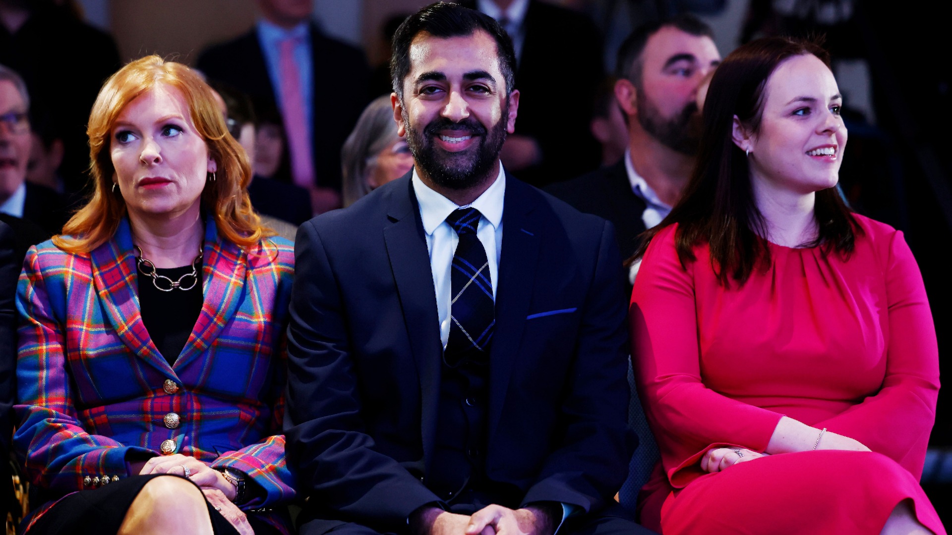 From left: Ash Regan, Humza Yousaf and Kate Forbes react as the SNP votes for its new party leader at Murrayfield on March 27.