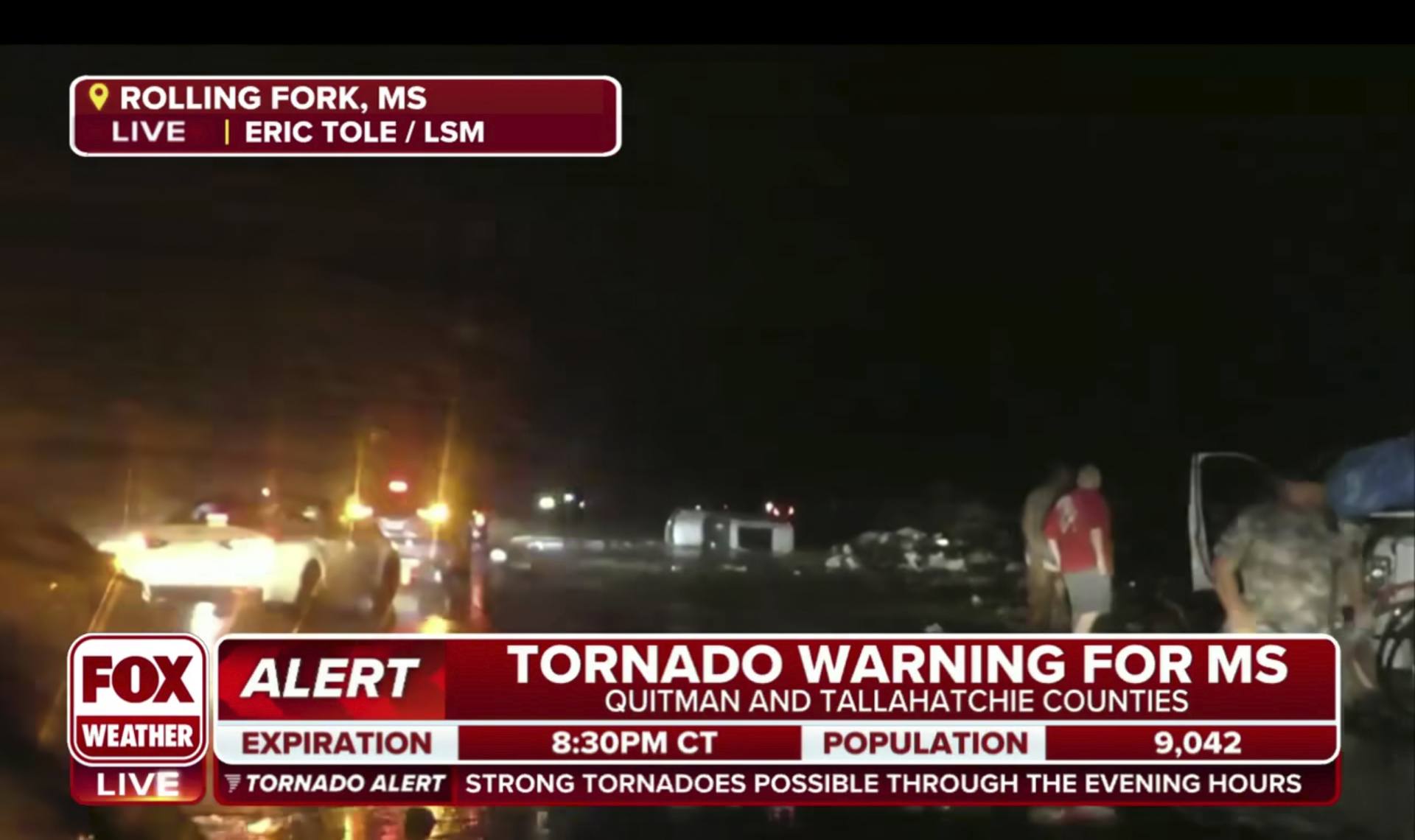 Screen grab from video broadcast by Fox Weather showing the immediate aftermath of severe weather in Rolling Fork, Mississippi .