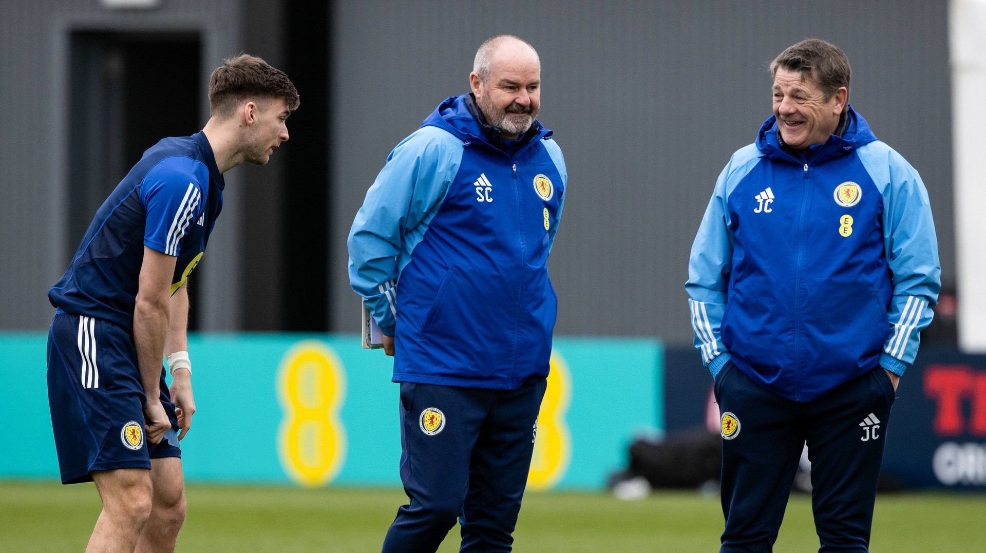 Kieran Tierney, Steve Clarke and John Carver during a Scotland training session at Lesser Hampden. (Photo by Craig Williamson / SNS Group)