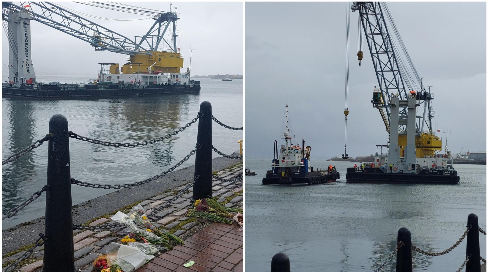 The recovery of the tugboat in Greenock where tributes have been laid for Ian Catterson and George Taft.